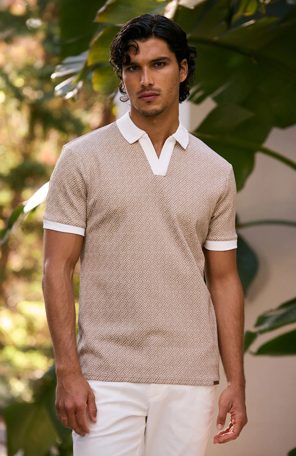 Calvi Swirl Geo Jacquard Slim Polo in Sand - Happy Cabbage London