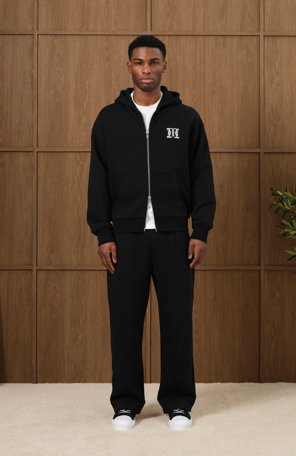 Embroidered Monogram Zip Through Hoodie in Black - Happy Cabbage London