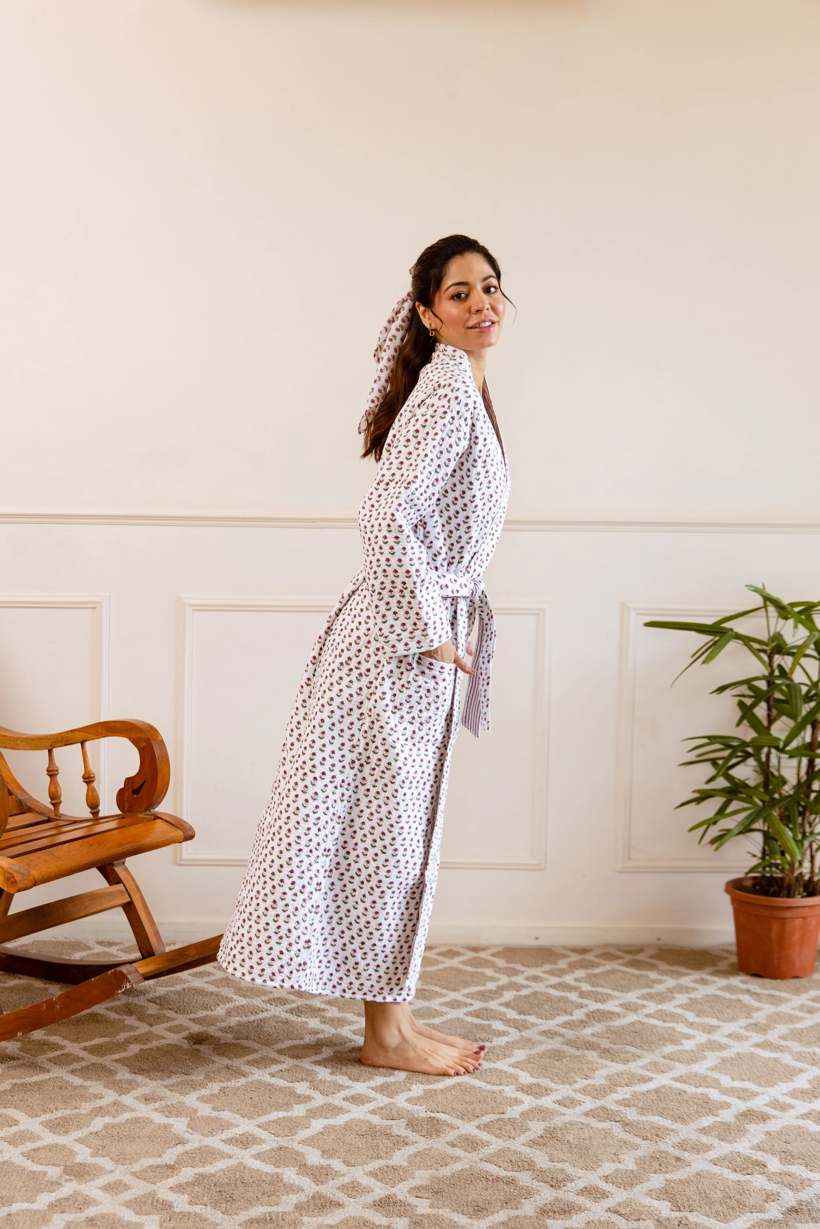 Luxury Quilted Hand Block Print Robe - Wild Rose - Happy Cabbage London