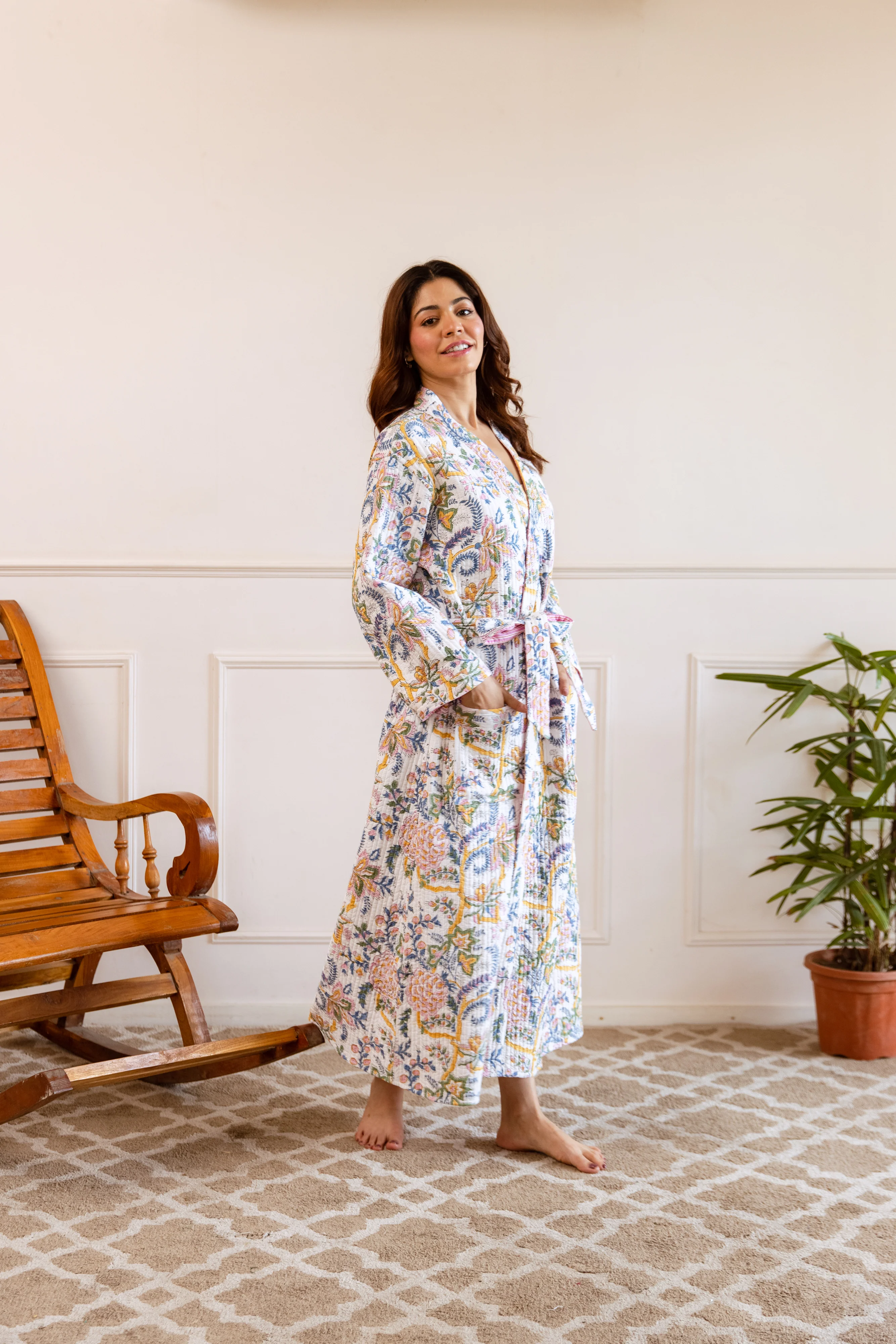 Luxury Quilted Hand Block Print Robe - Candy Pink Garden - Happy Cabbage London