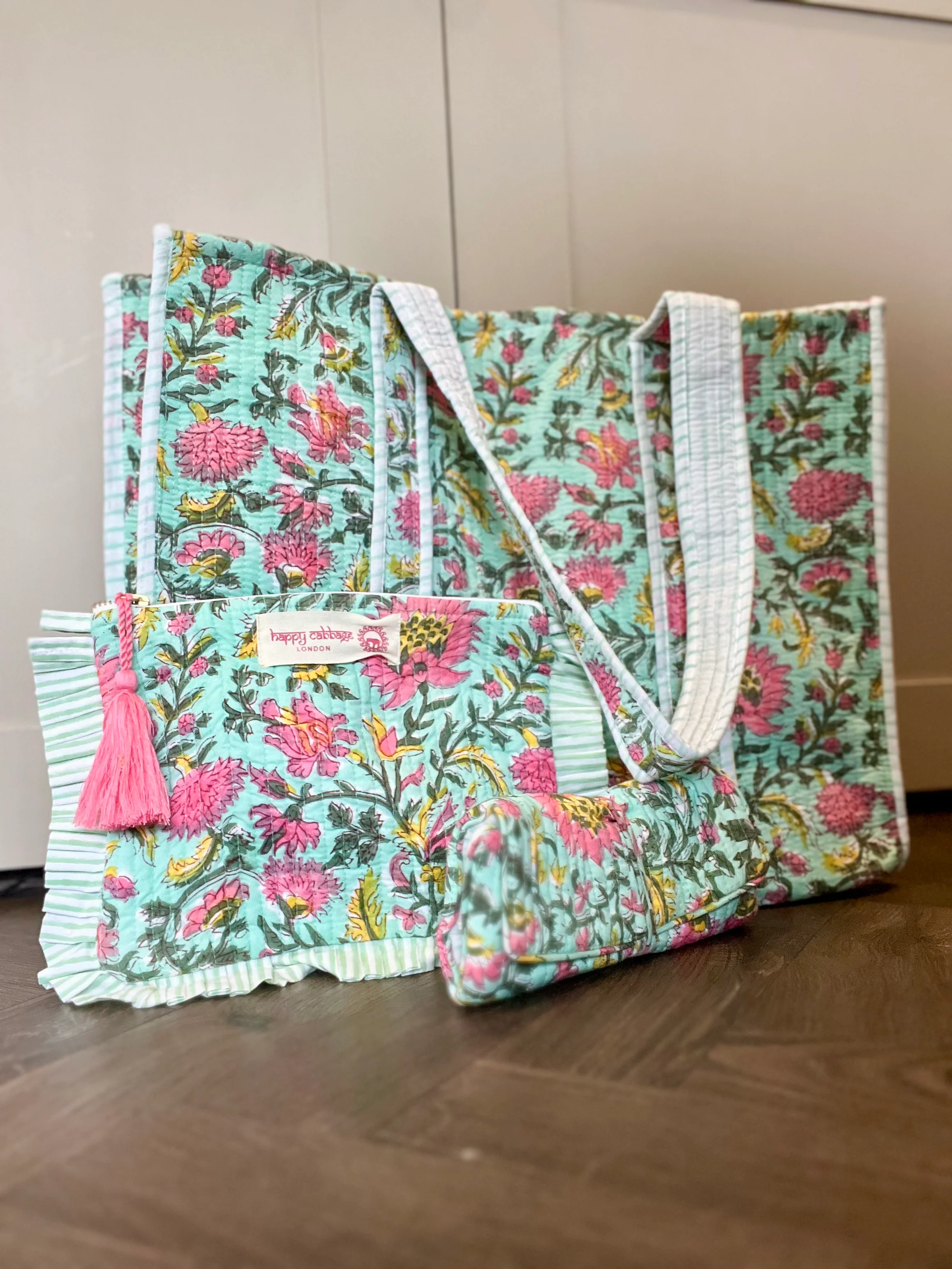 Block Print Cotton Tote Bag - Turquoise - Happy Cabbage London