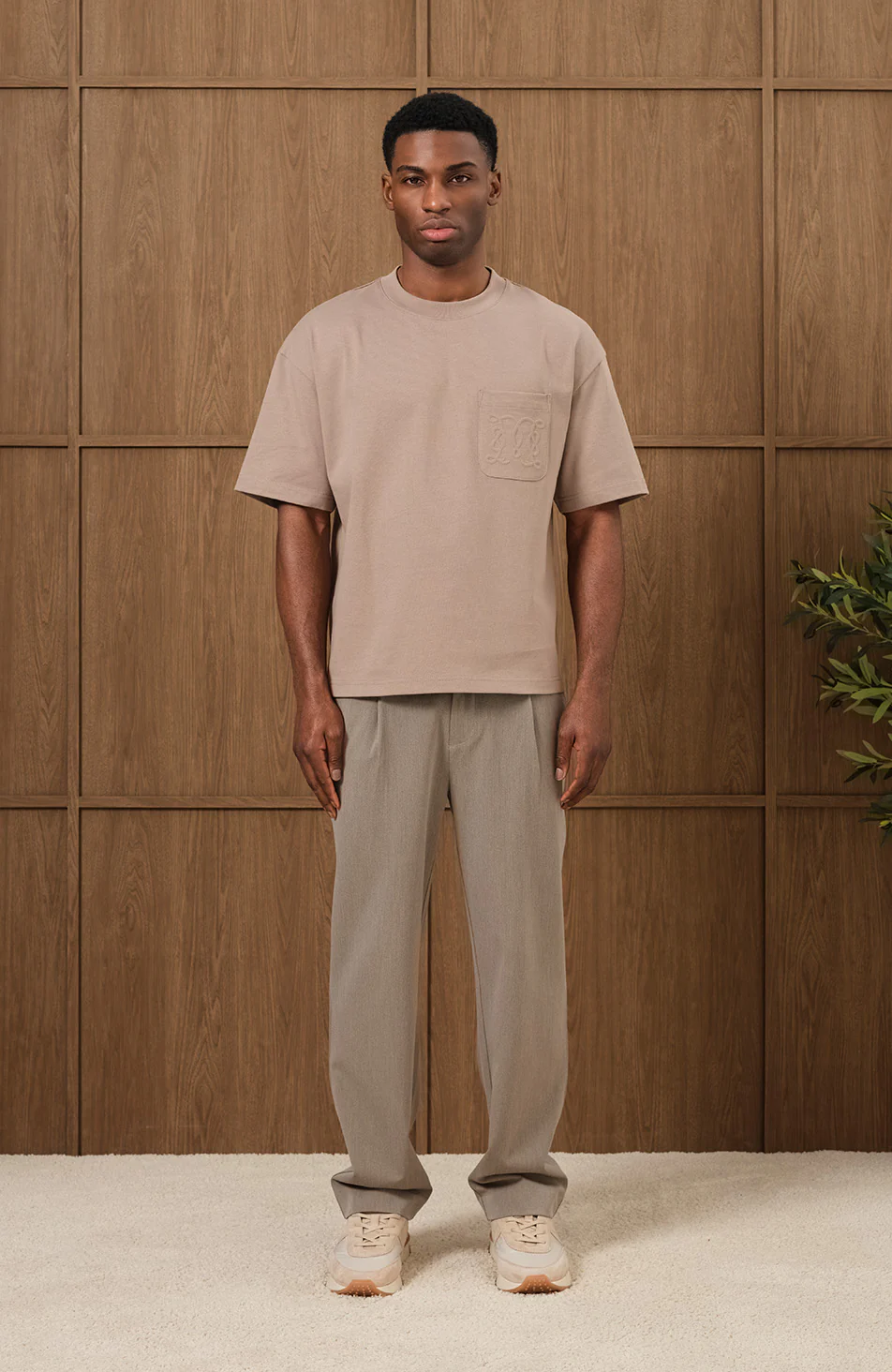 Embossed Monogram Pocket T-Shirt in Taupe - Happy Cabbage London