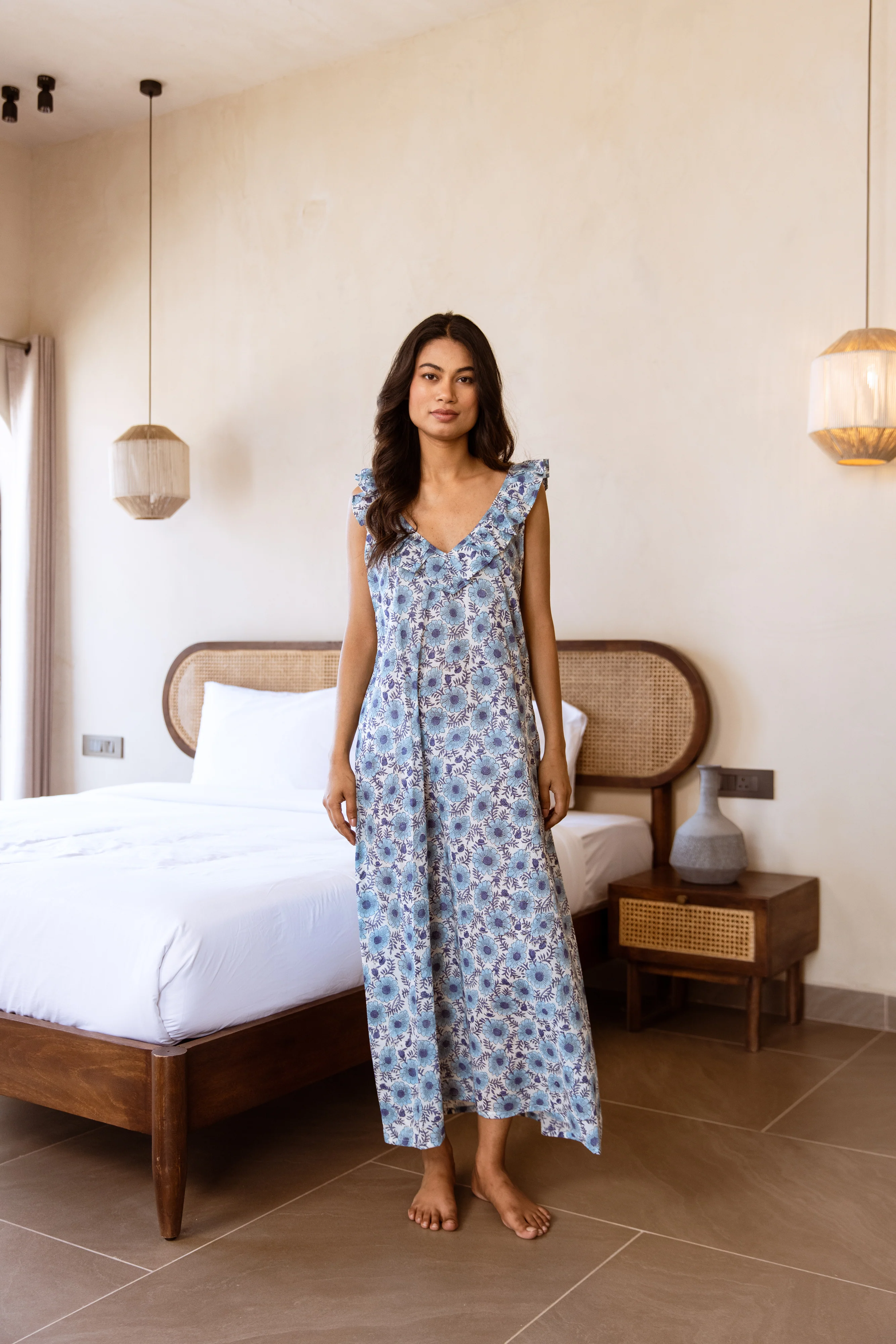 Block Print Cotton Nightdress - Blue Daisy Print - Happy Cabbage London