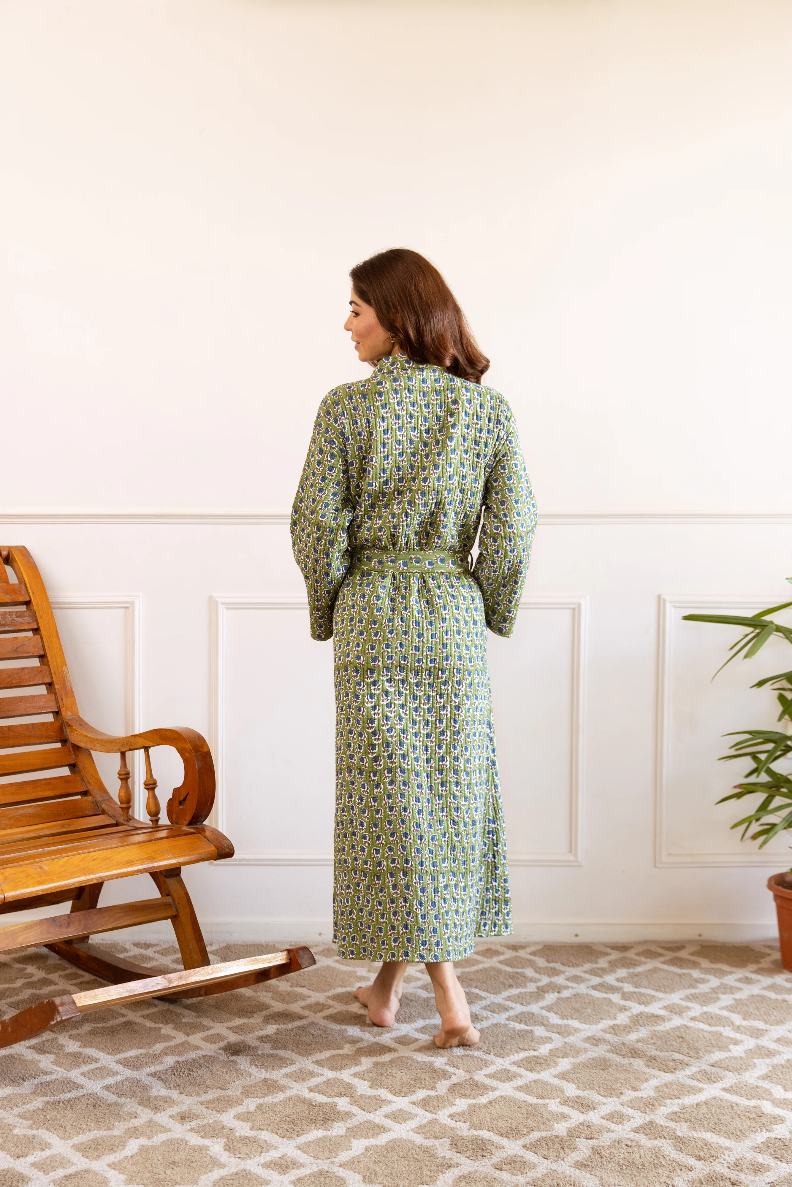 Luxury Quilted Hand Block Print Robe - Olive & Indigo Garden - Happy Cabbage London