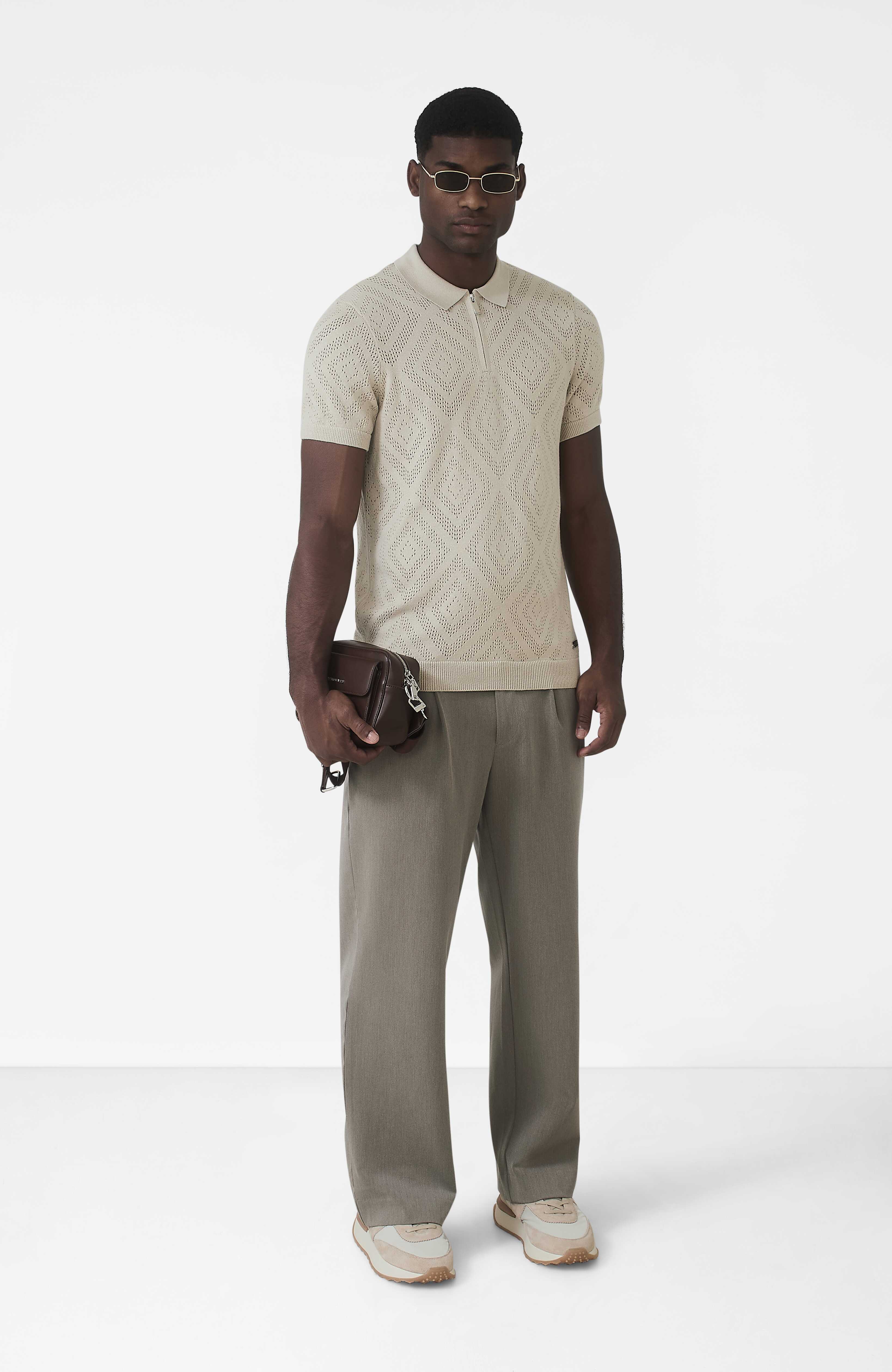 Chalbi Slim Fit Knit Pointelle Zip Polo in Beige - Happy Cabbage London