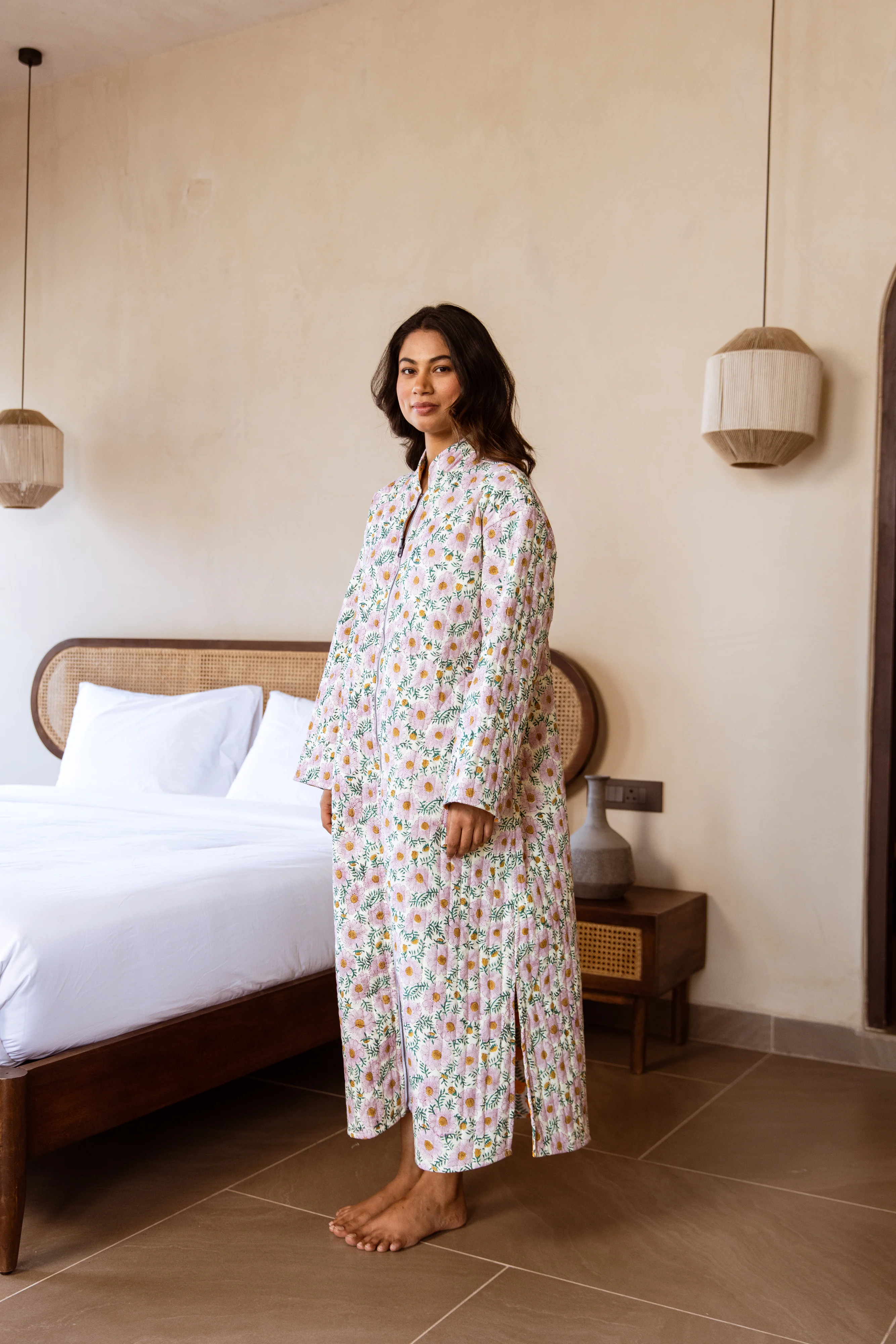 Reversible Zip Front, Luxury Quilted Robe - Daisy Block Print - Happy Cabbage London