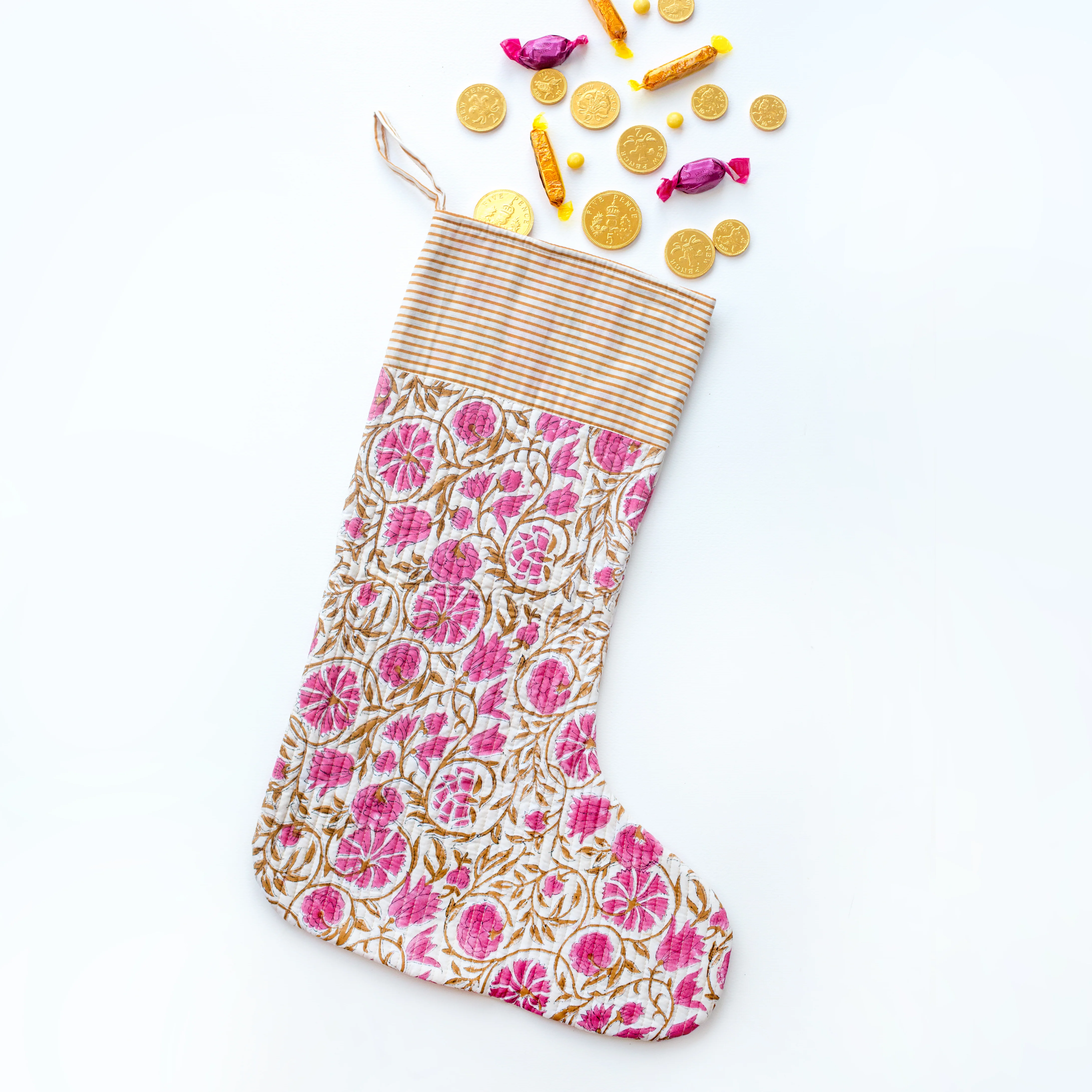 Luxury Quilted Christmas Stocking - Pink Flowers - Happy Cabbage London