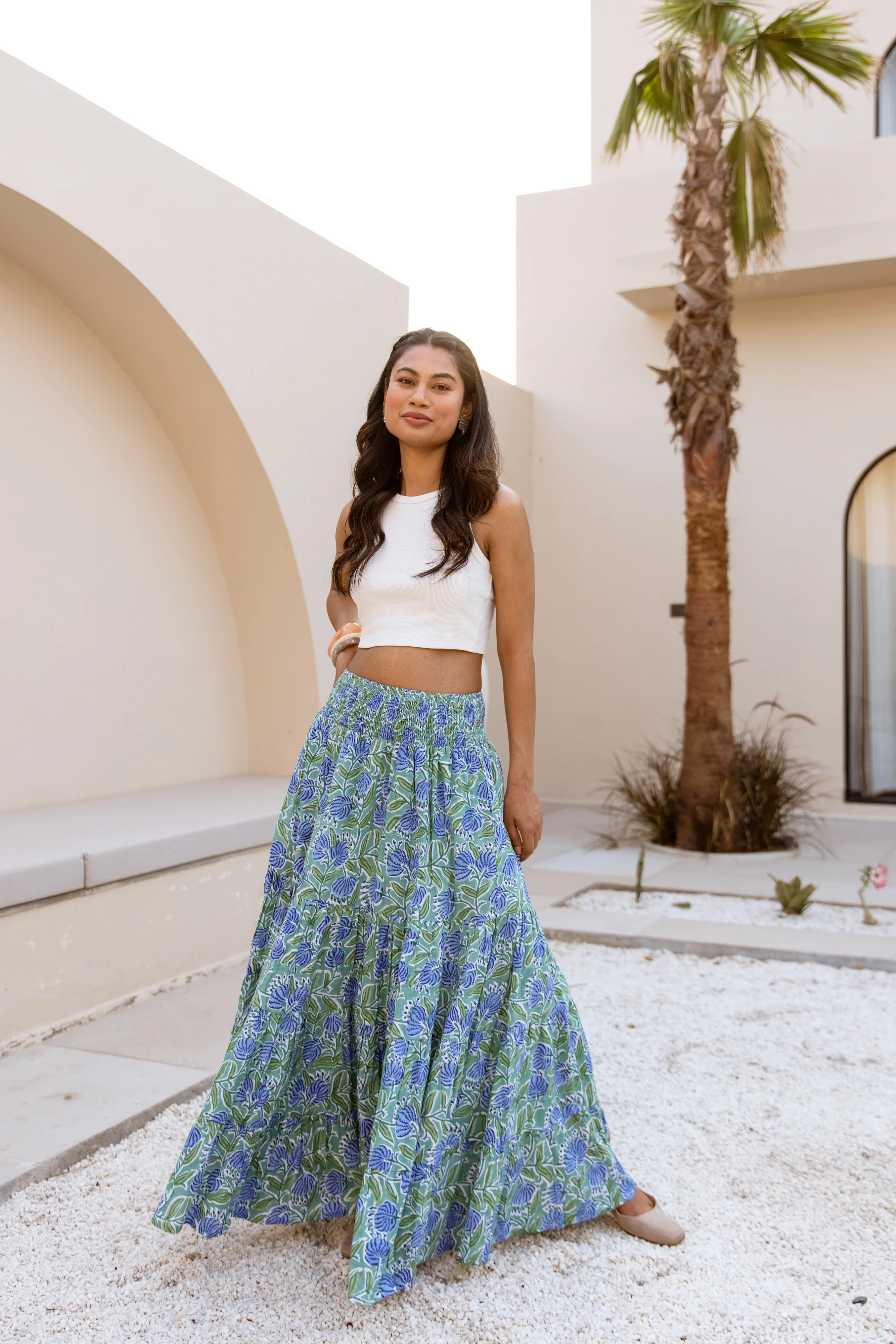 The Pia Skirt - Blue & Green Floral Print - Happy Cabbage London