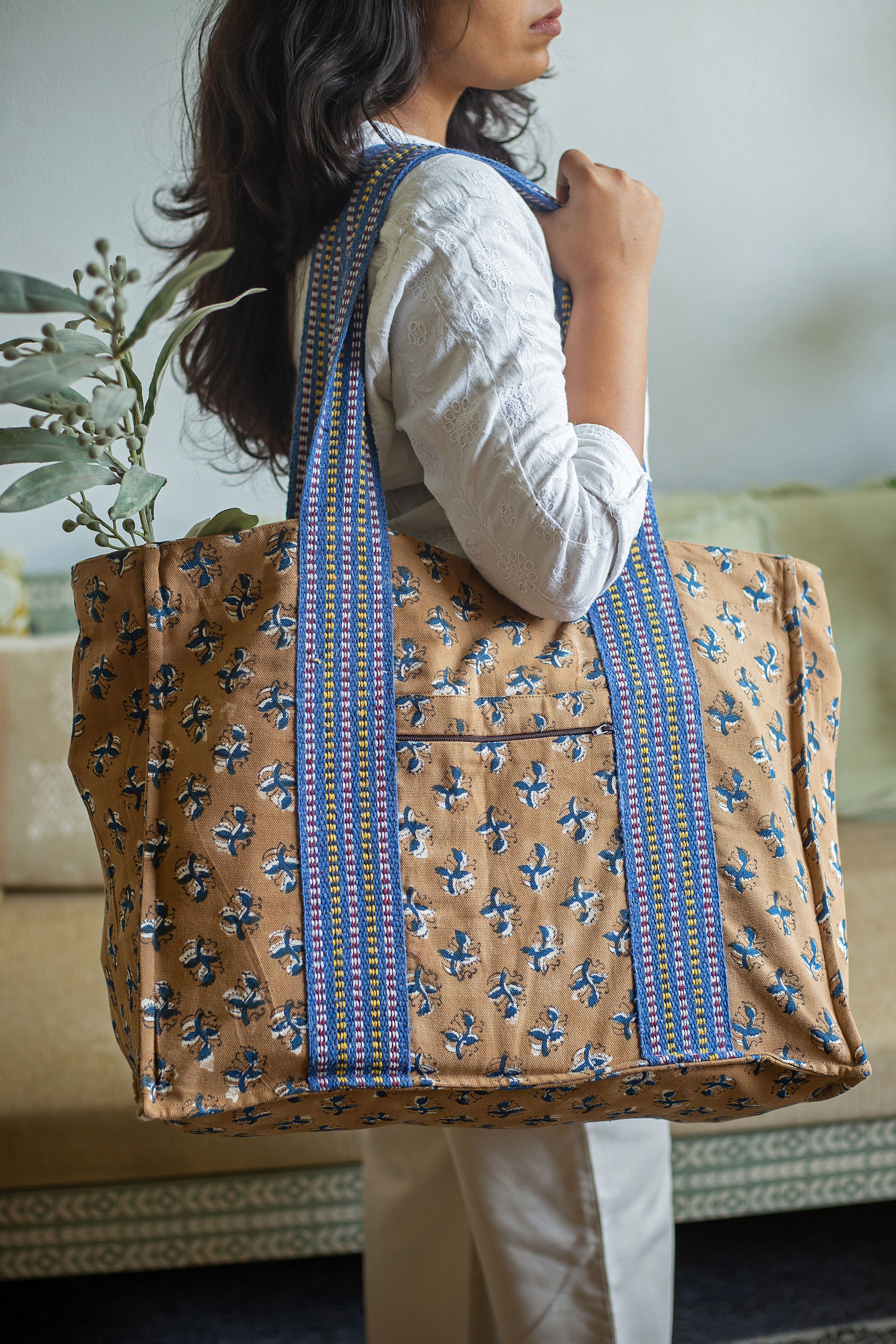 SALE Block Print Cotton Tote Bag - Hazelnut - Happy Cabbage London