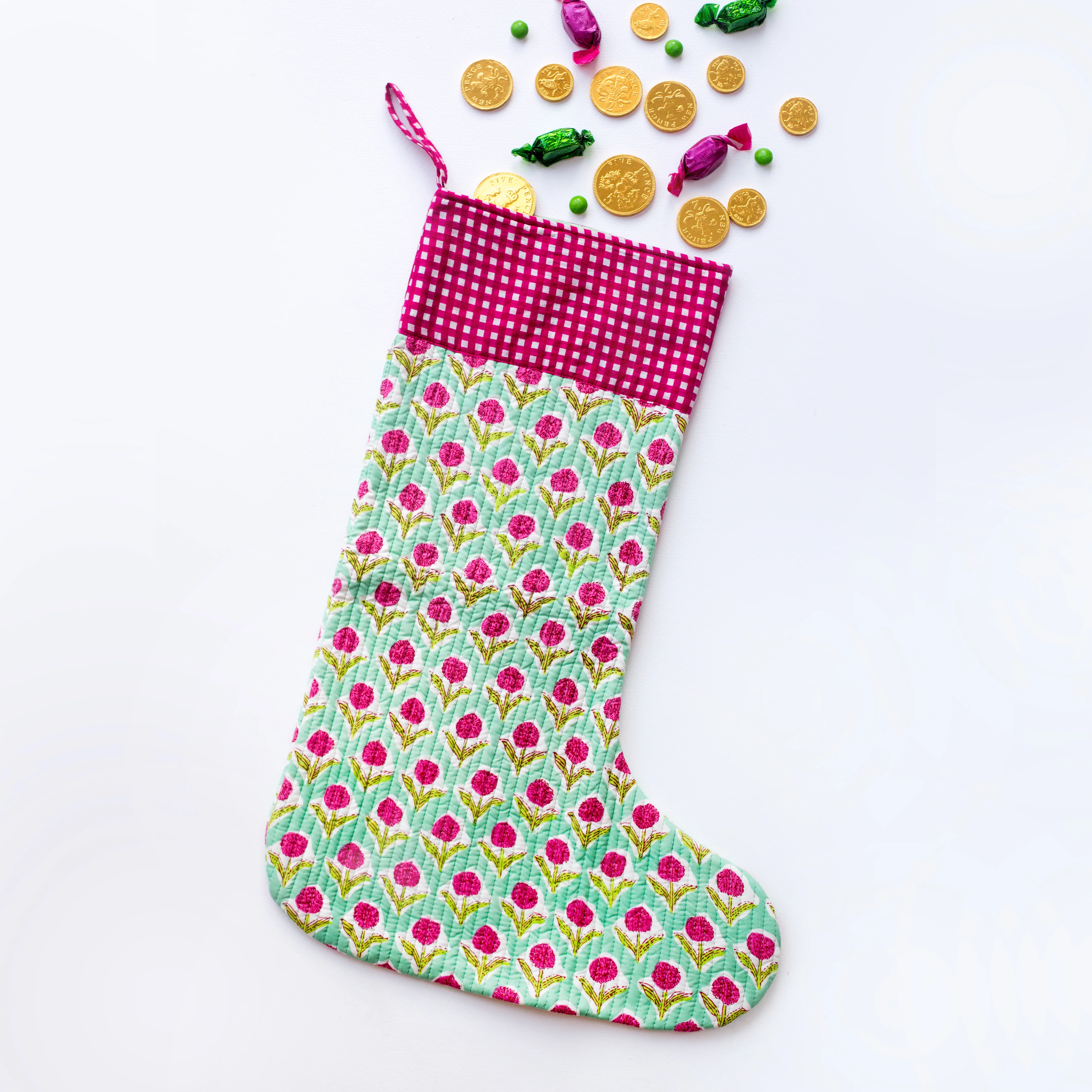 Luxury Quilted Christmas Stocking - Green & Pink - Happy Cabbage London