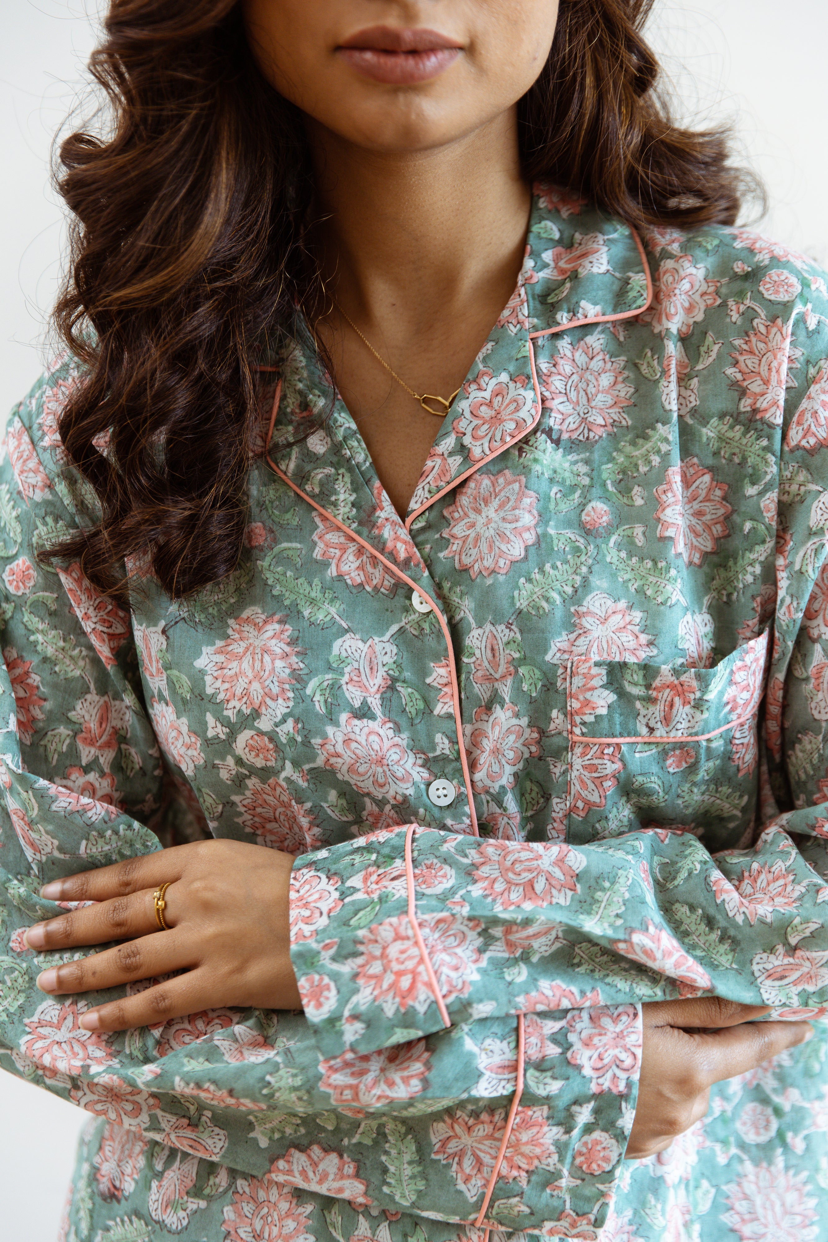 Long PJ Set - Aqua Green Floral Print - Happy Cabbage London