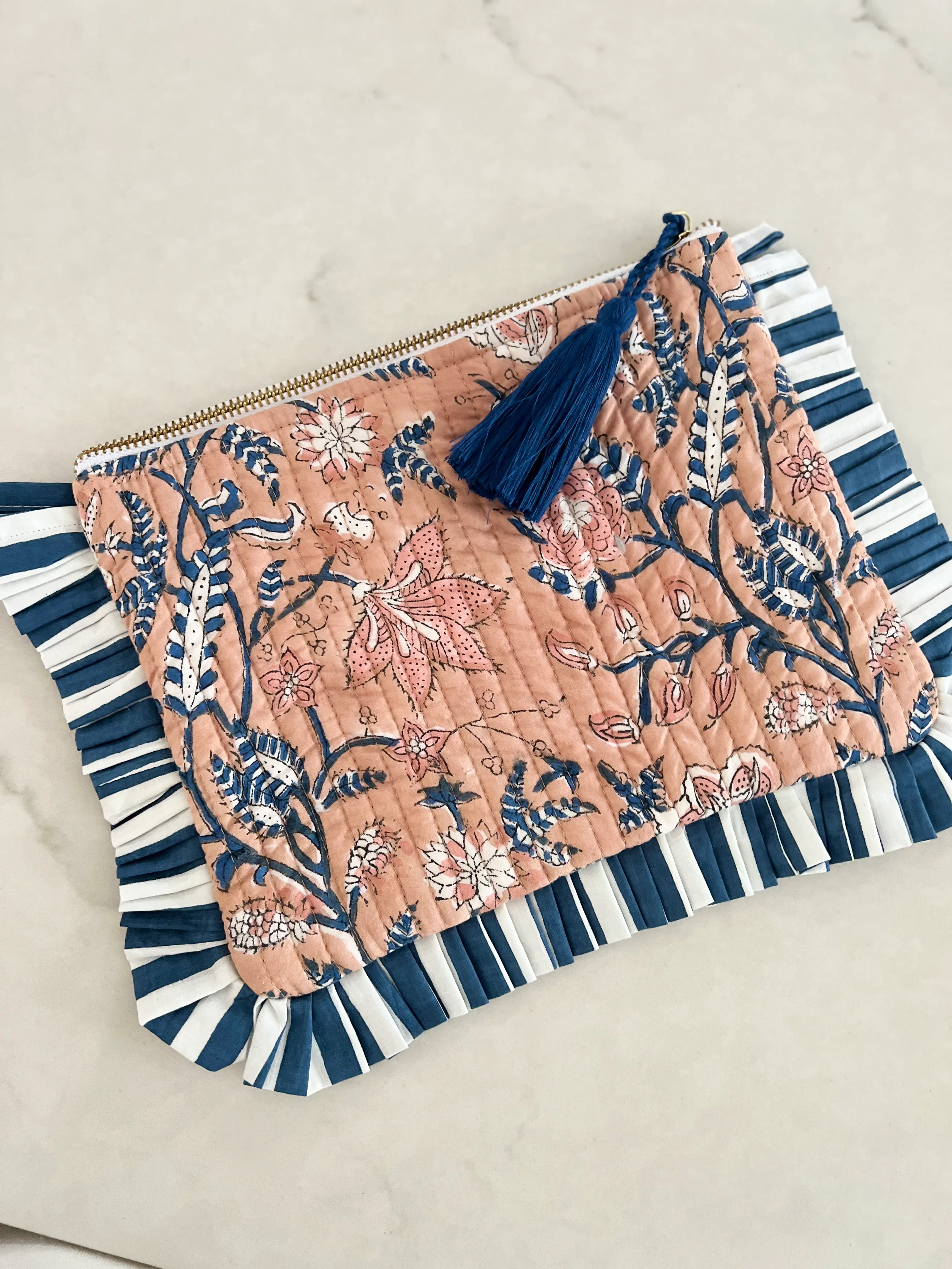 Block Print Cotton Pouch - Fawn & Navy - Happy Cabbage London