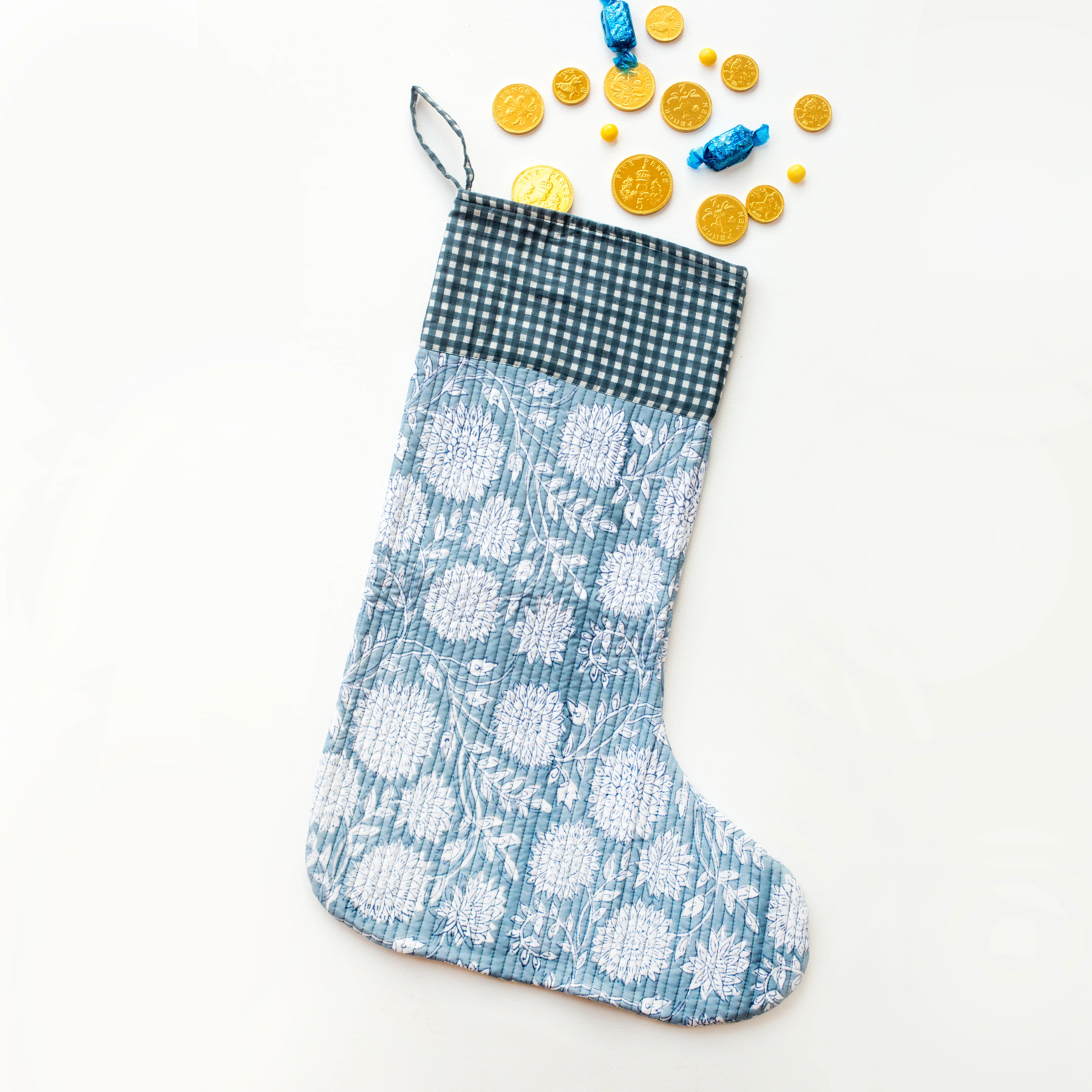 Luxury Quilted Christmas Stocking - Blue & White - Happy Cabbage London