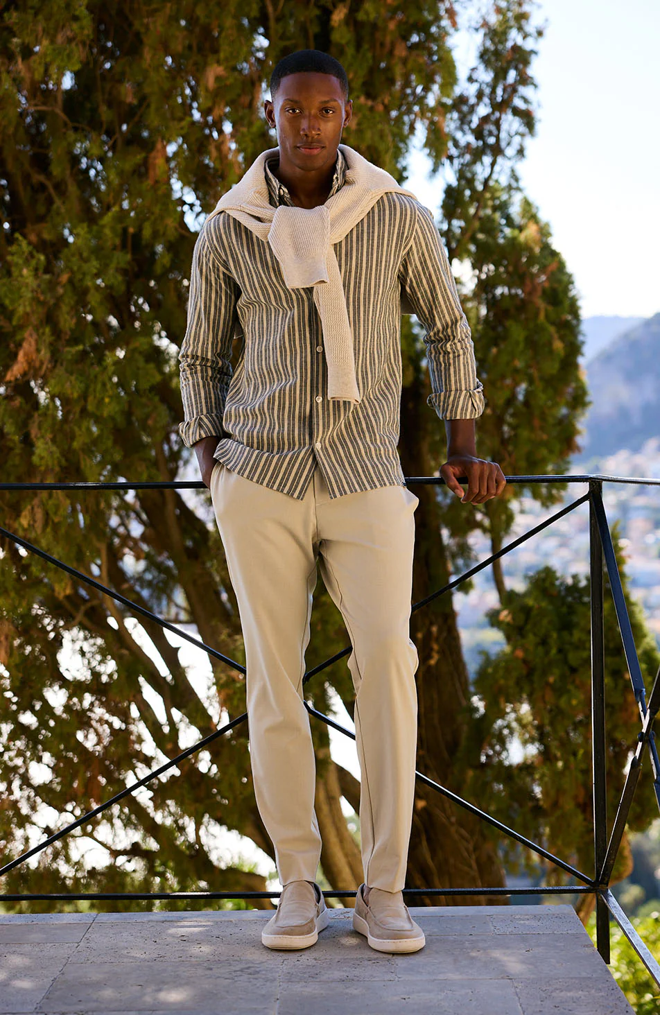 Bocelli Long Sleeve Stripe Shirt in Beige and Charcoal - Happy Cabbage London
