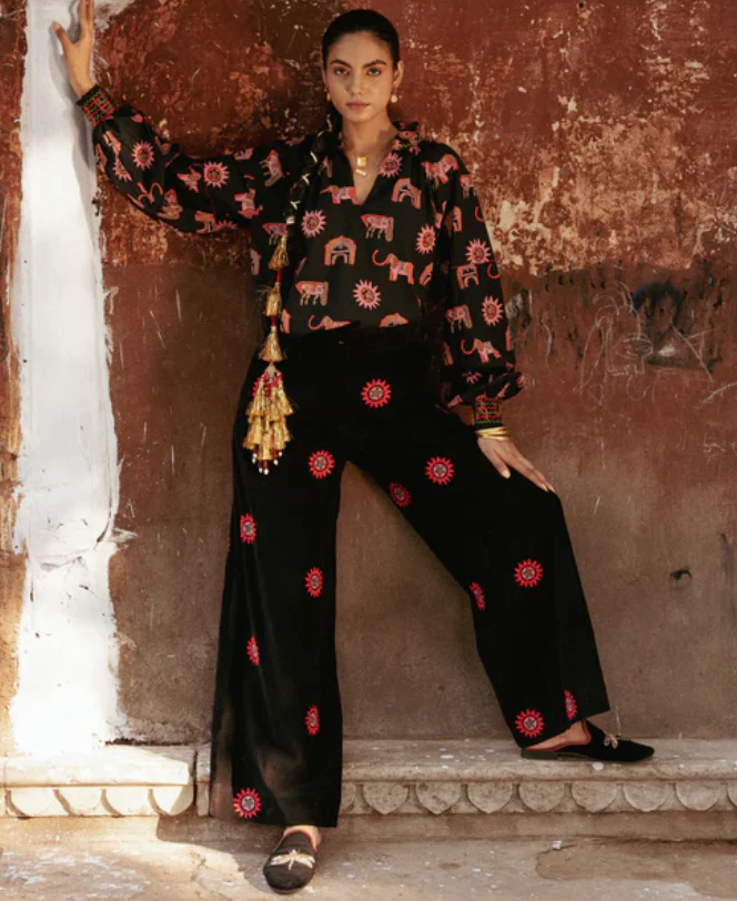 SALE Blossom Sun Embroidered trousers - Black Cord - Happy Cabbage London