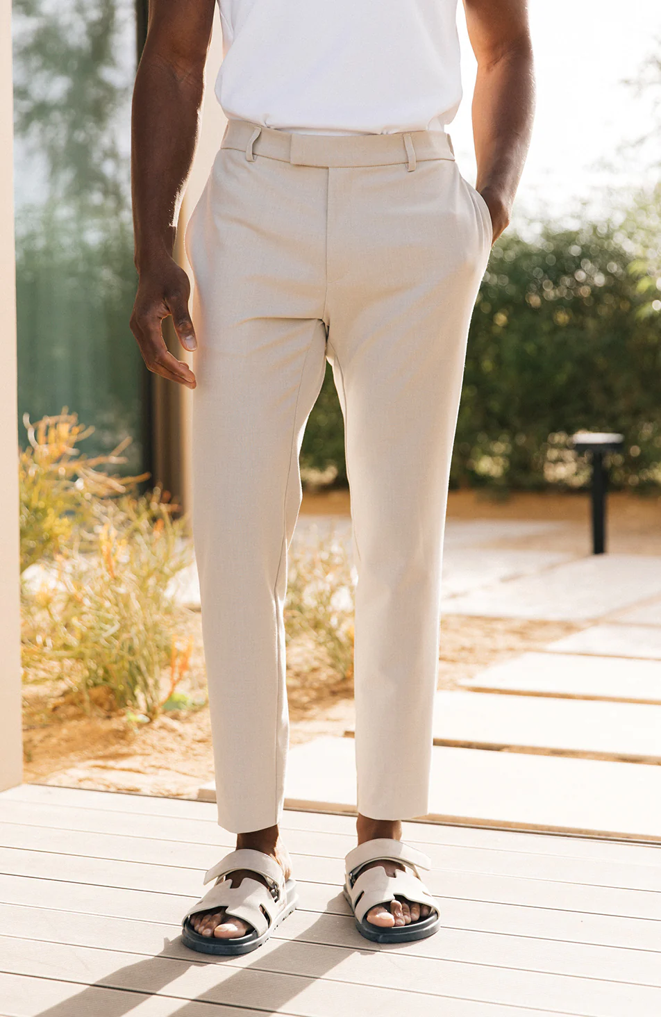 Aster Tailored Stretch Slim Leg Trousers in Beige - Happy Cabbage London