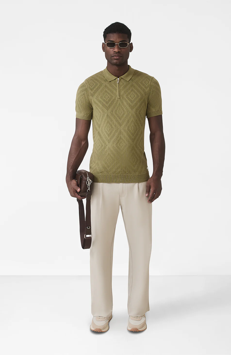 Chalbi Slim Fit Knit Pointelle Zip Polo in Green - Happy Cabbage London