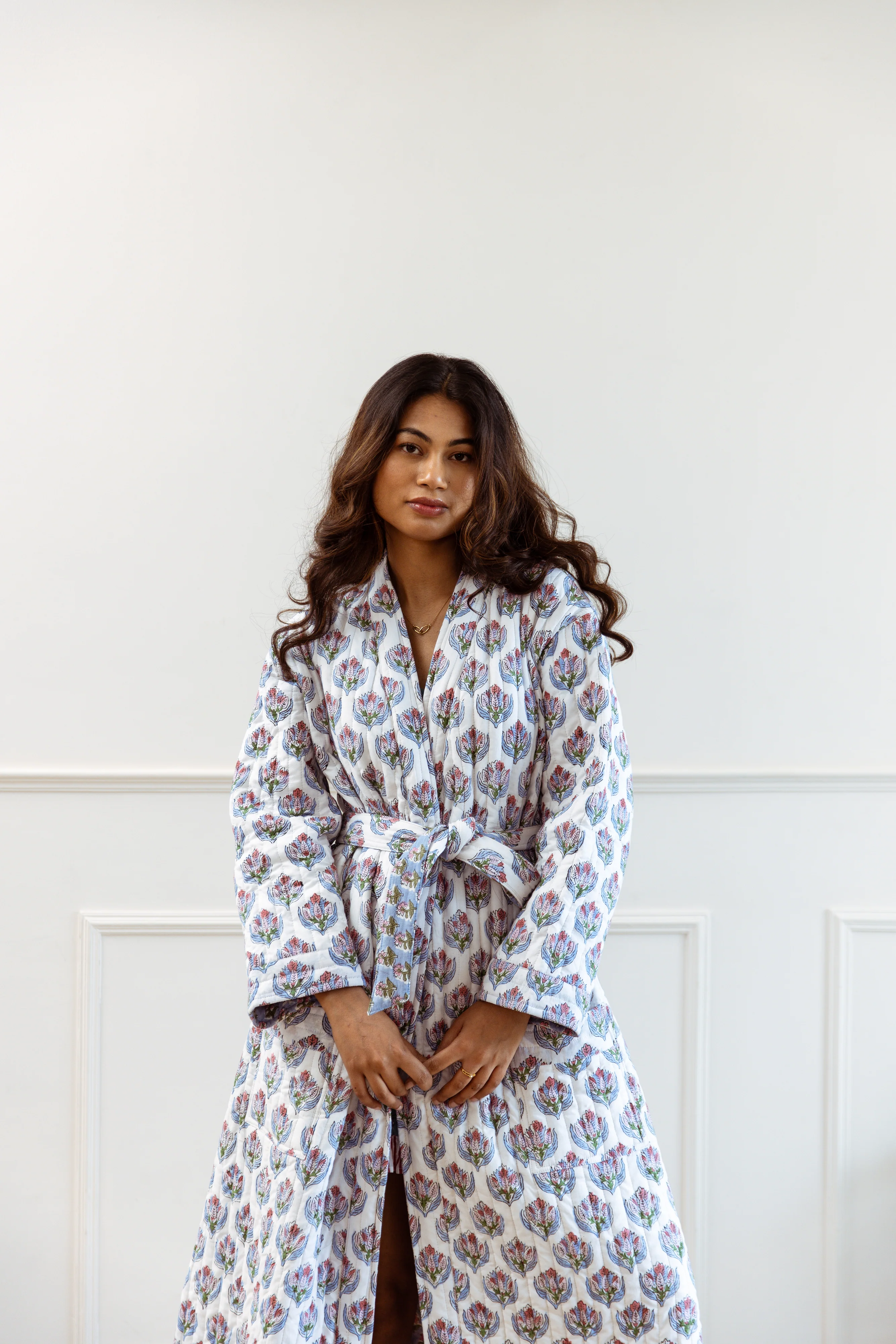Luxury Quilted Hand Block Print Robe - Pink & Blue Bhuti Print - Happy Cabbage London