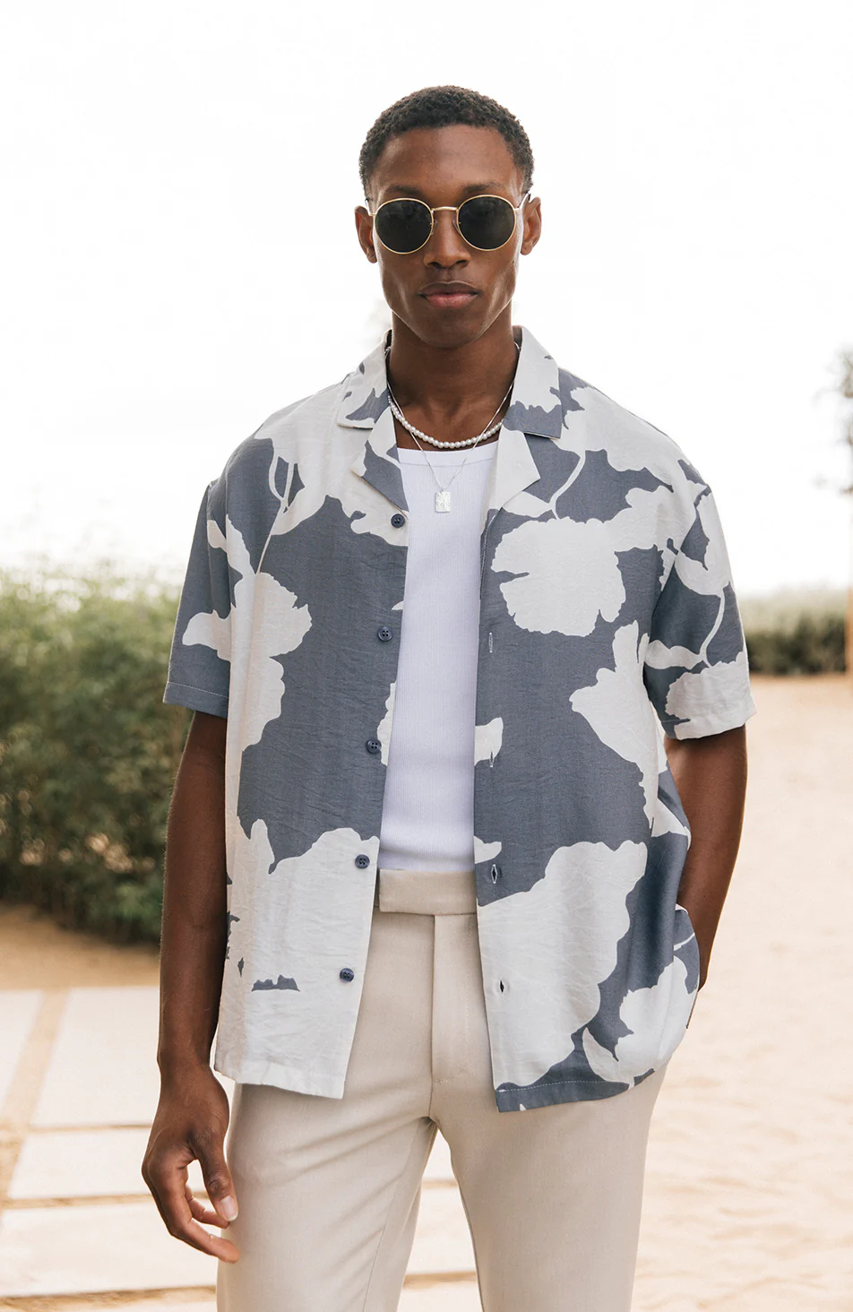 Atacama Relaxed Fit Floral Shirt in Grey and Cream - Happy Cabbage London