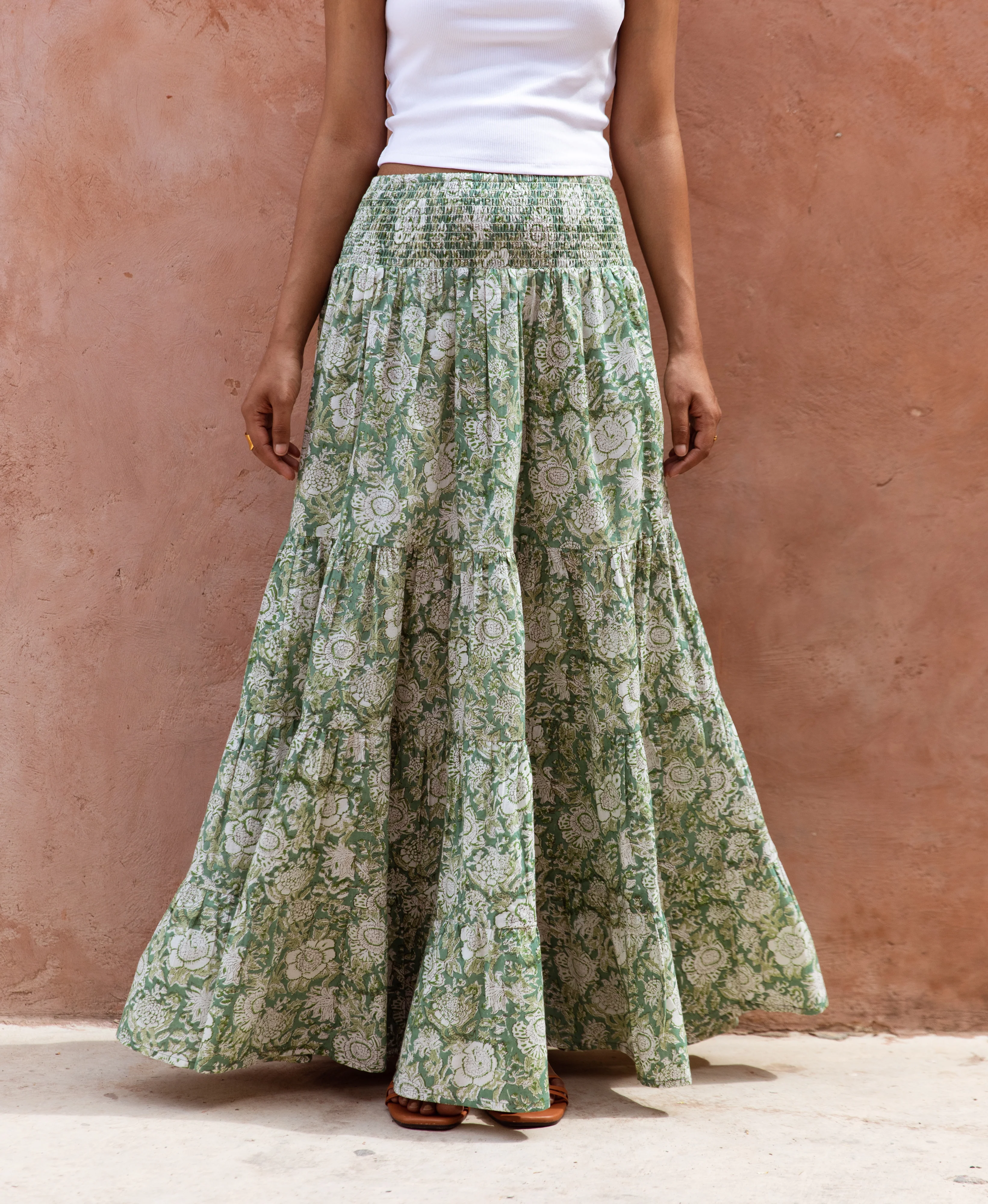 Cotton Block Print Skirt - Forest Green - Happy Cabbage London