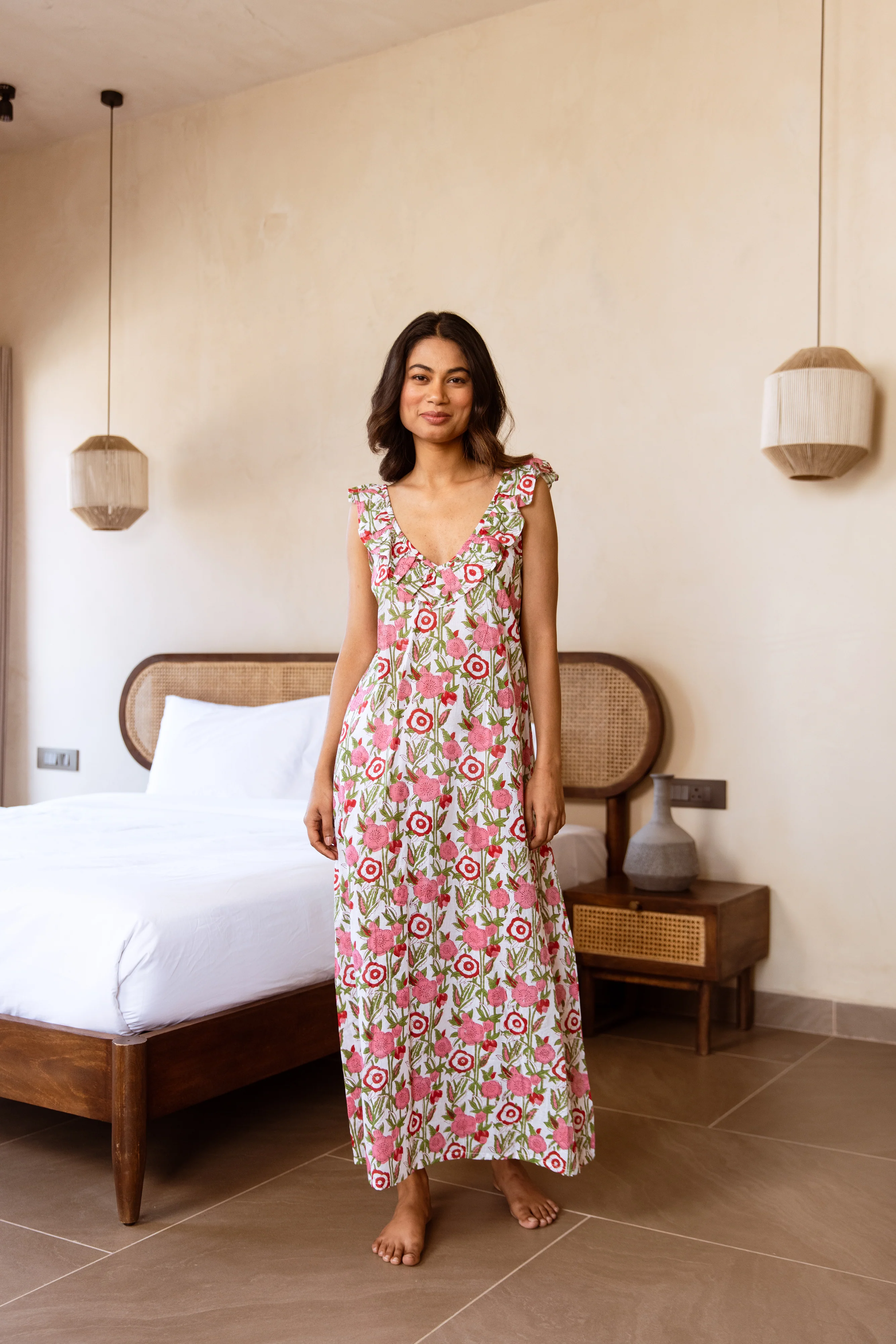 Block Print Cotton Nightdress - Pink Floral Print - Happy Cabbage London