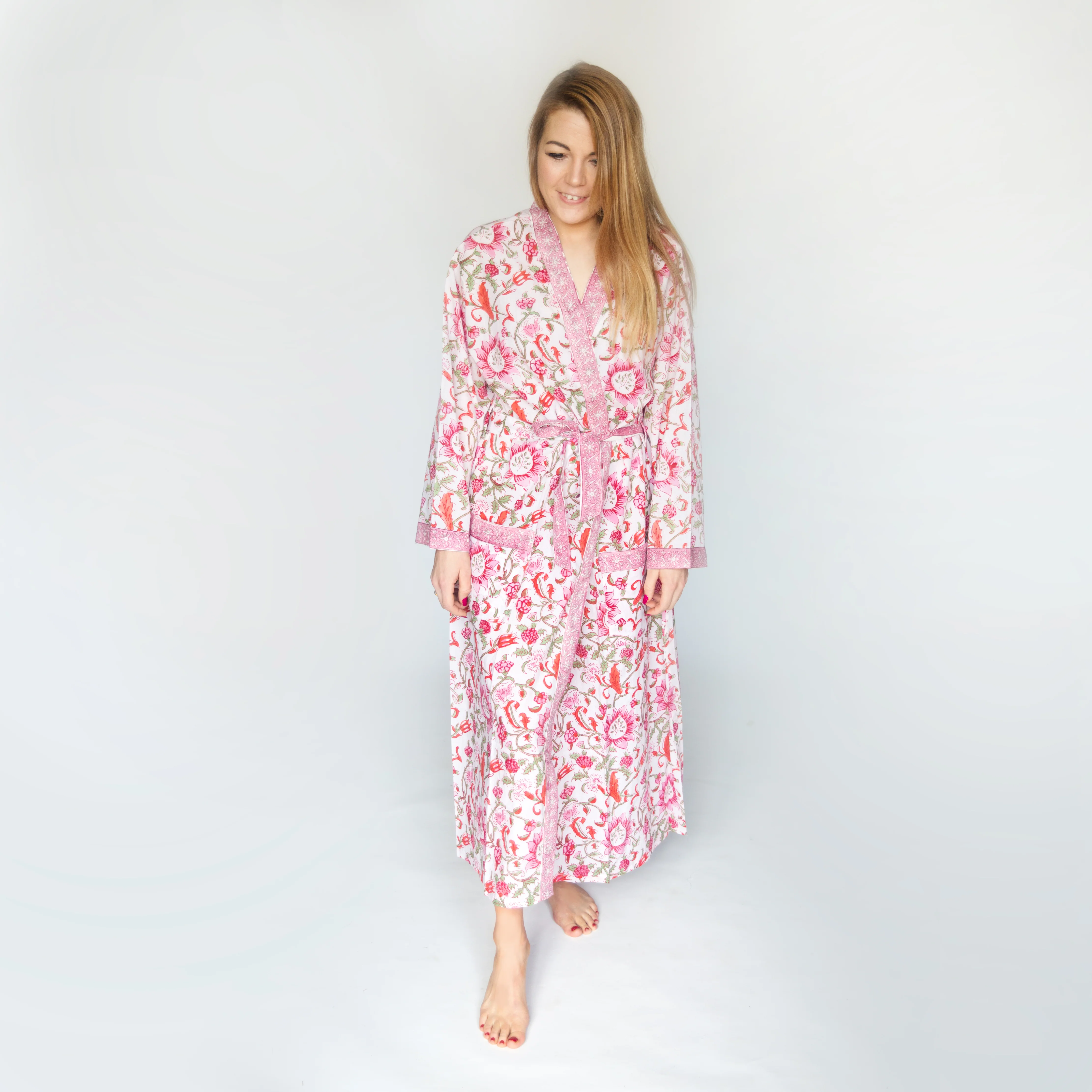 Long Cotton Robe - Pink & Orange - Happy Cabbage London