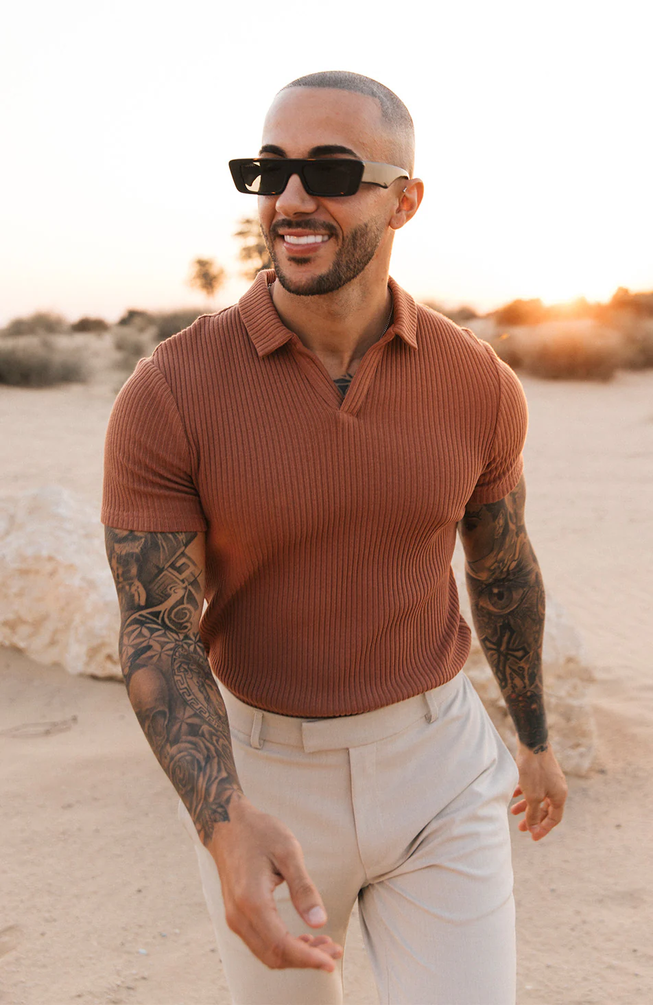 Elysee Slim Ribbed Revere Polo in Caramel - Happy Cabbage London