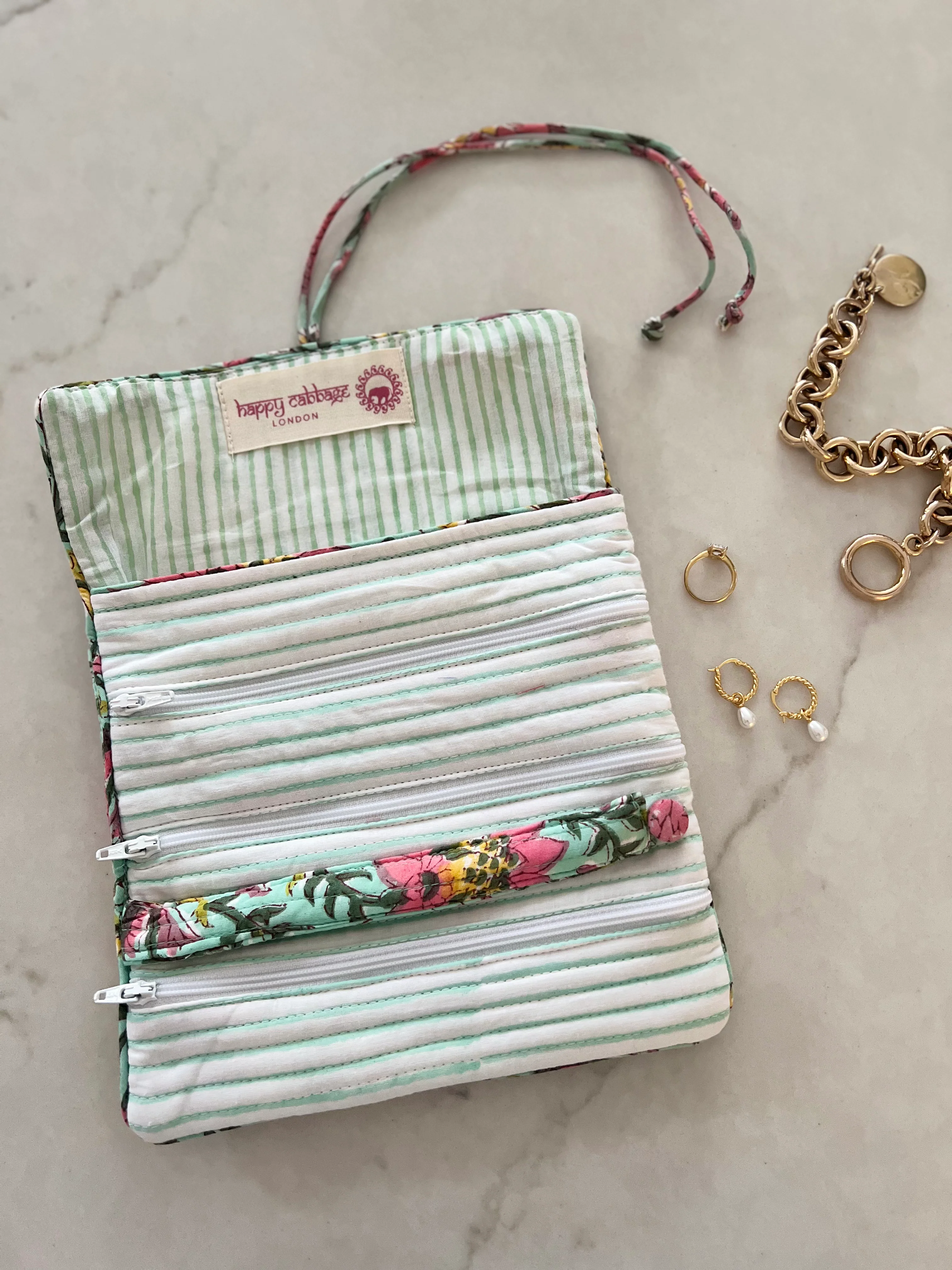 Block Print Jewellery Roll - Turquoise - Happy Cabbage London