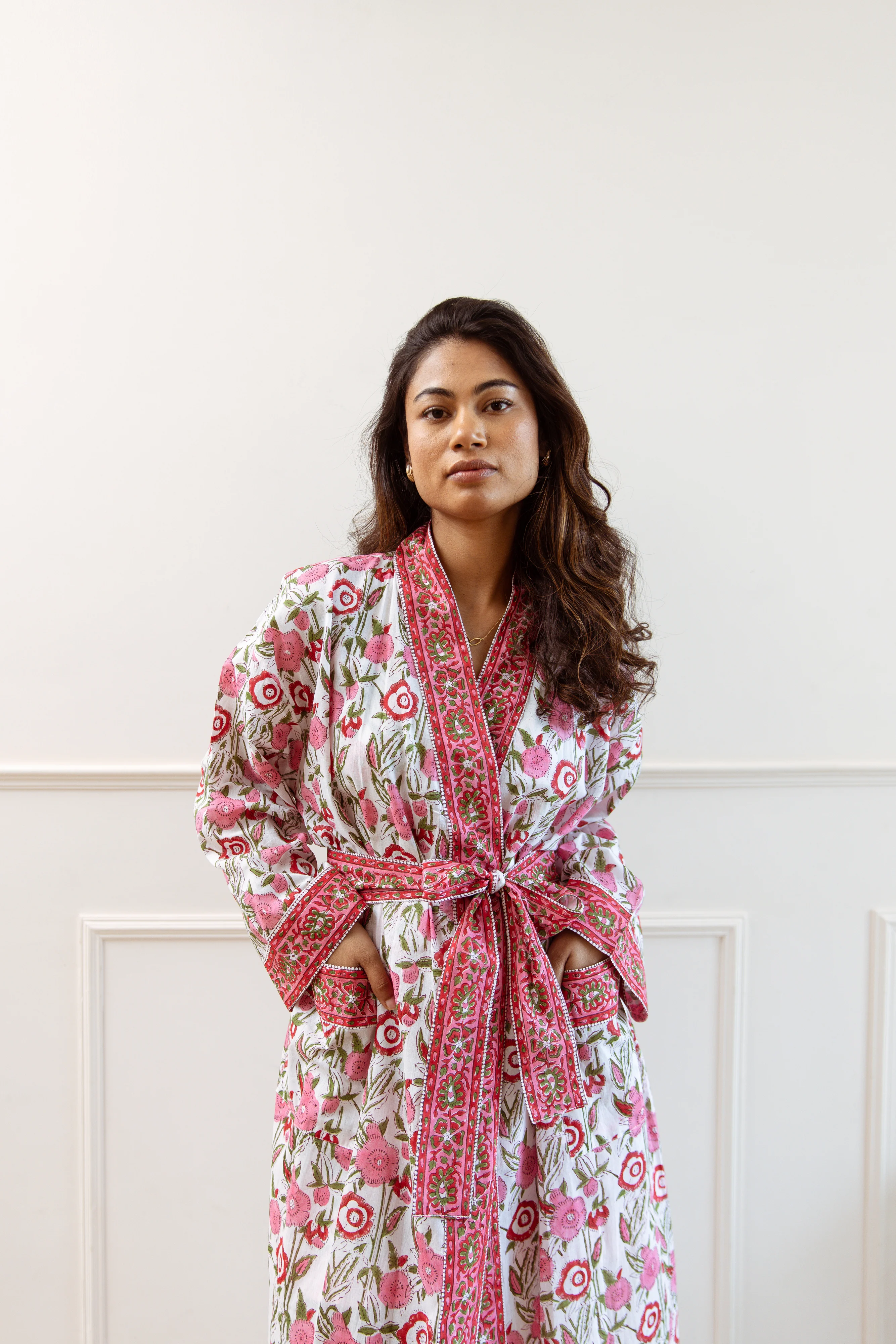 Long Cotton Robe - Cerise Floral Print - Happy Cabbage London