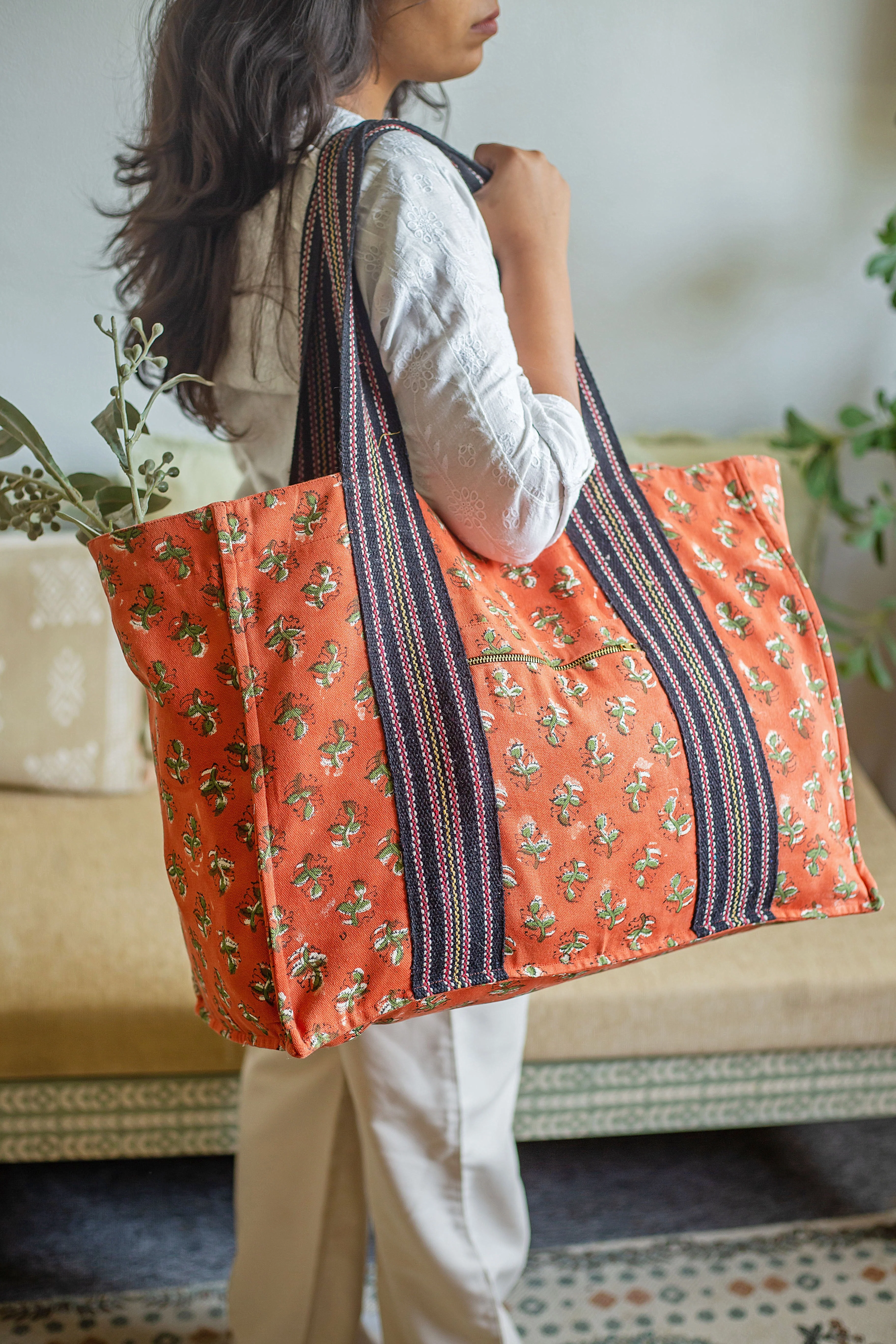 SALE Block Print Cotton Tote Bag - Burnt Orange - Happy Cabbage London