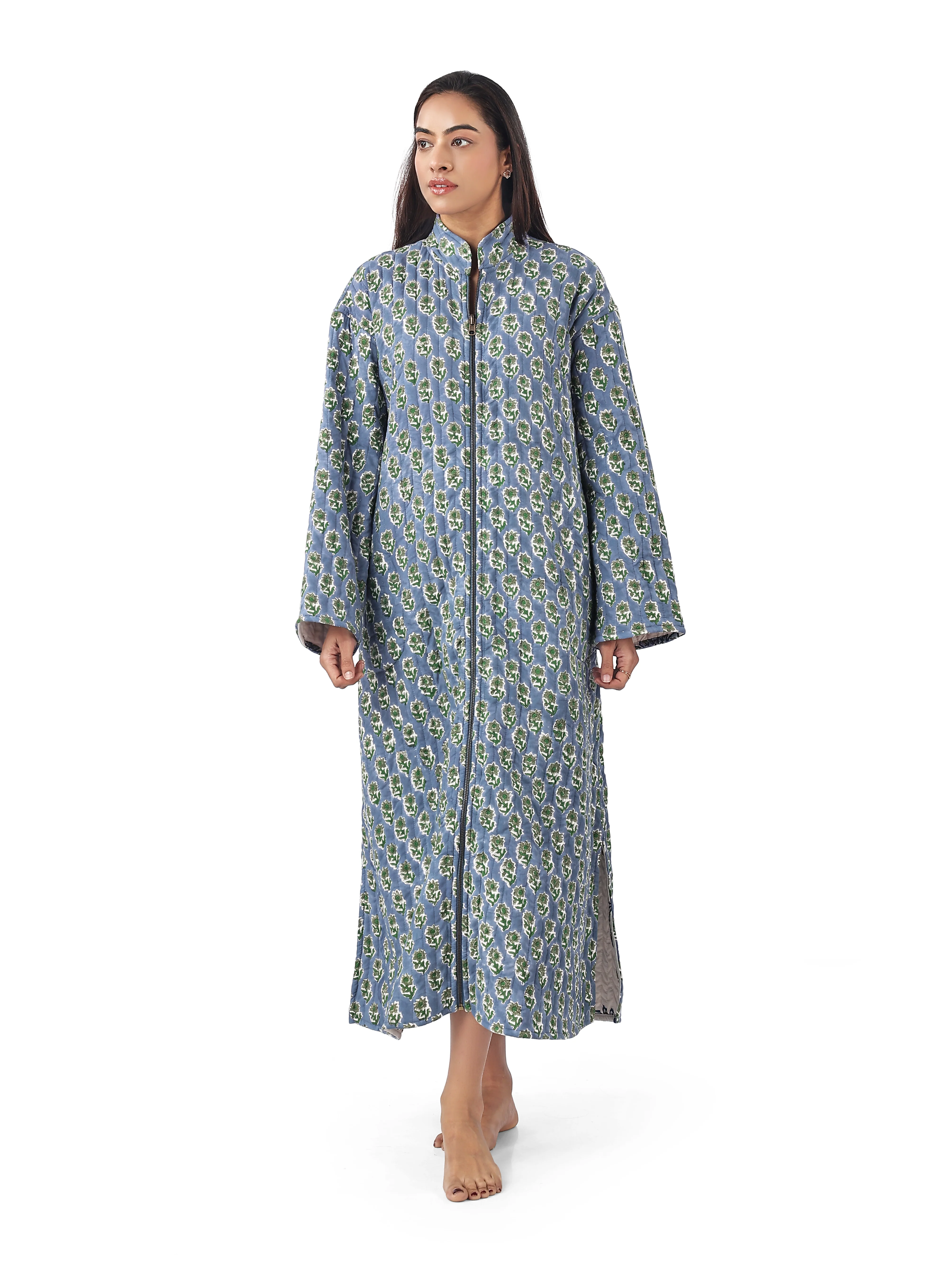 Reversible Zip Front, Luxury Quilted Hand Block Print Robe - Blue - Happy Cabbage London