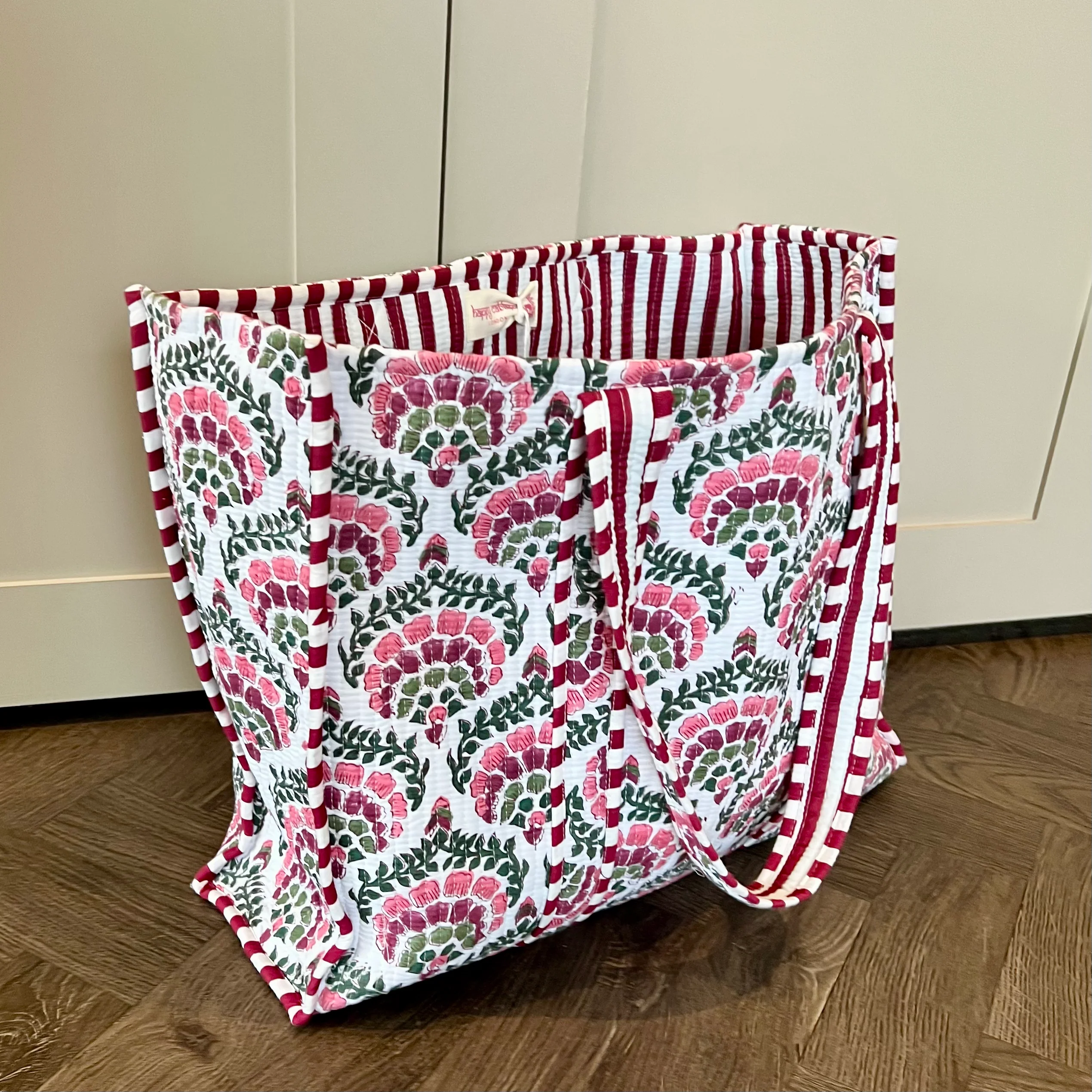 Block Print Cotton Tote Bag - Berry Pink & Green - Happy Cabbage London