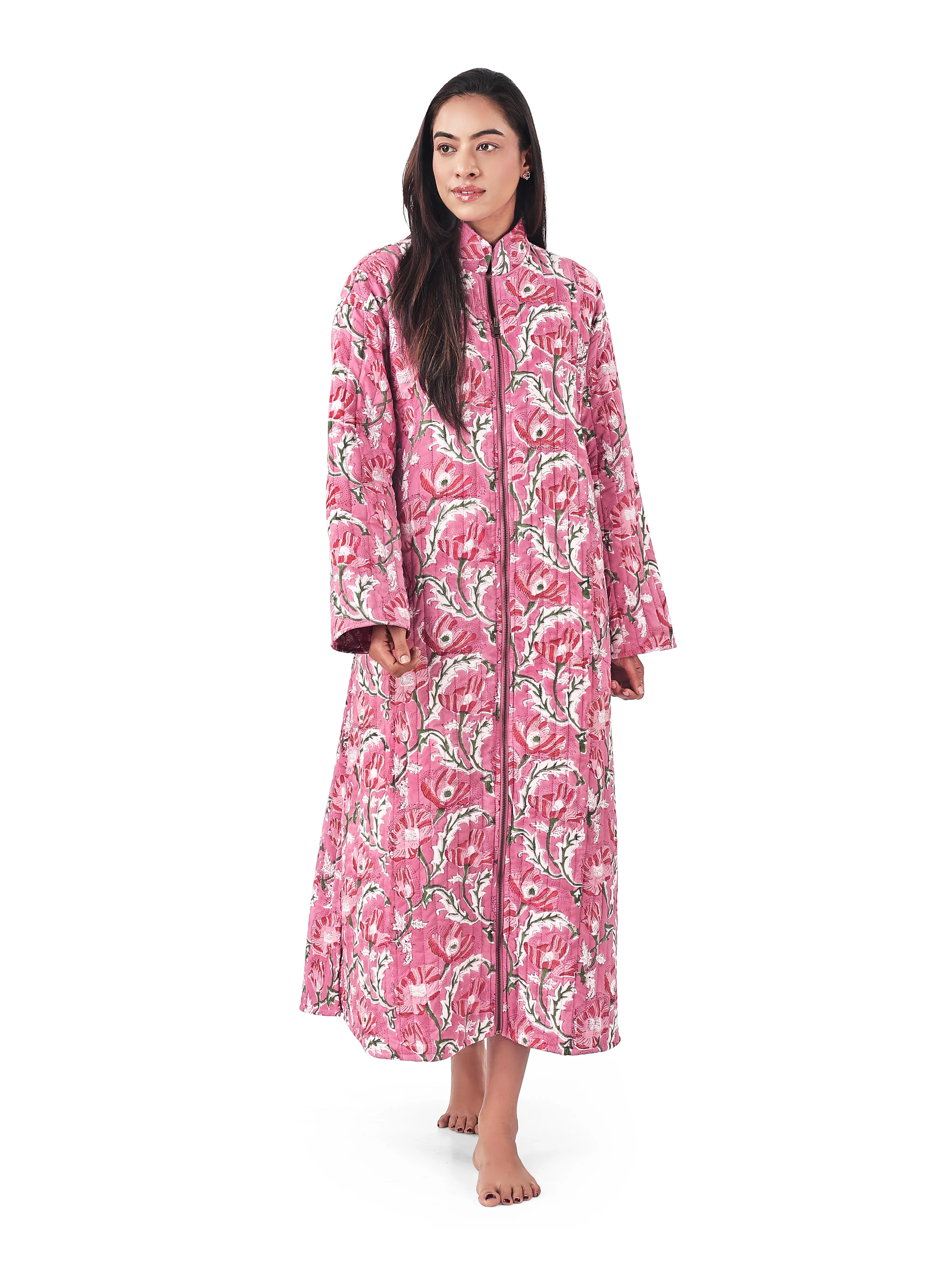 Reversible Zip Front, Luxury Quilted Hand Block Print Robe - Pink - Happy Cabbage London