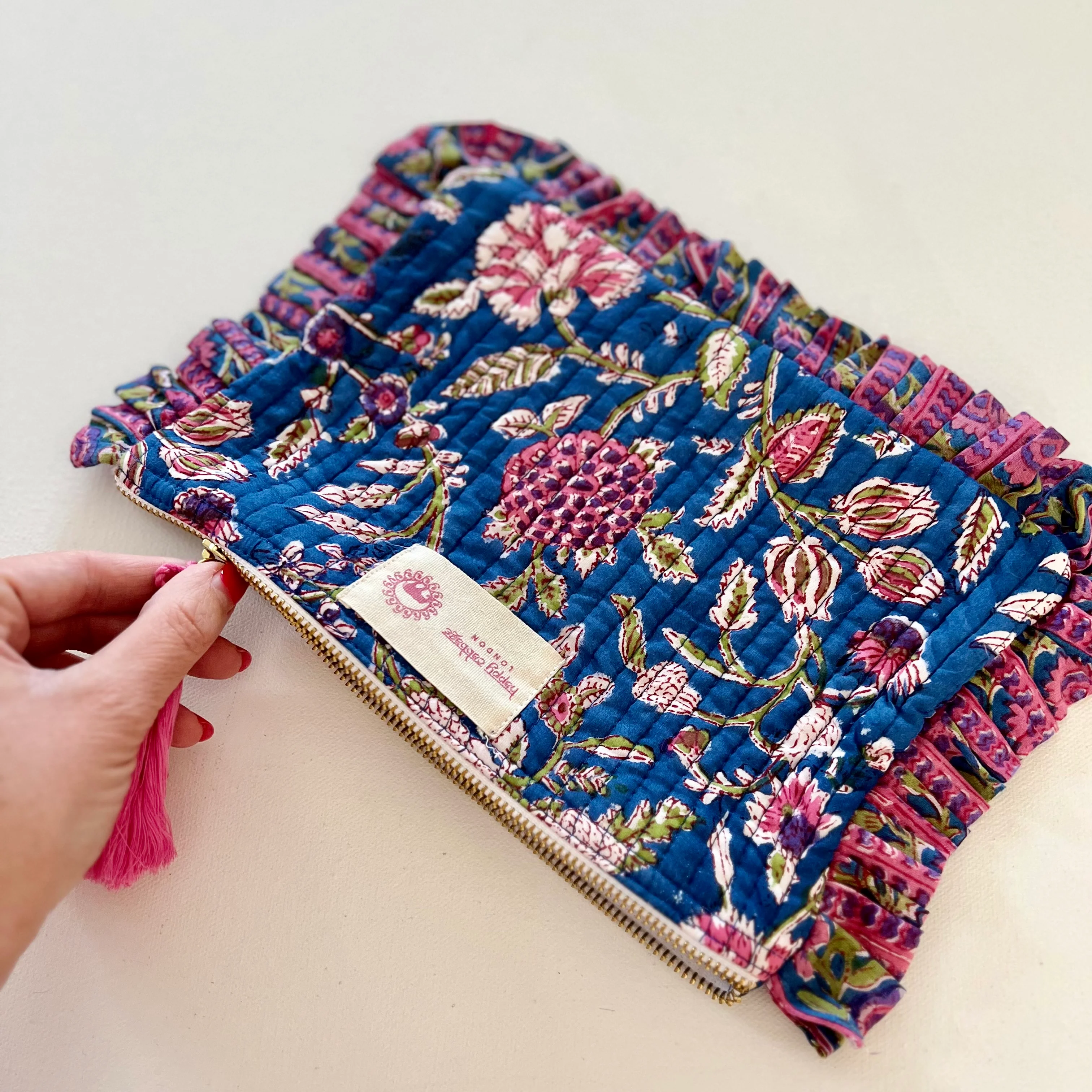 Block Printed Cotton Pouch - Blue & Pink - Happy Cabbage London