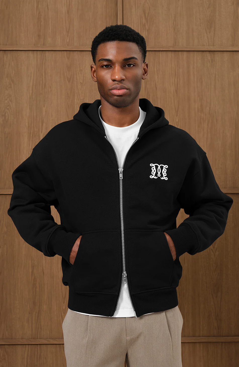 Embroidered Monogram Zip Through Hoodie in Black - Happy Cabbage London