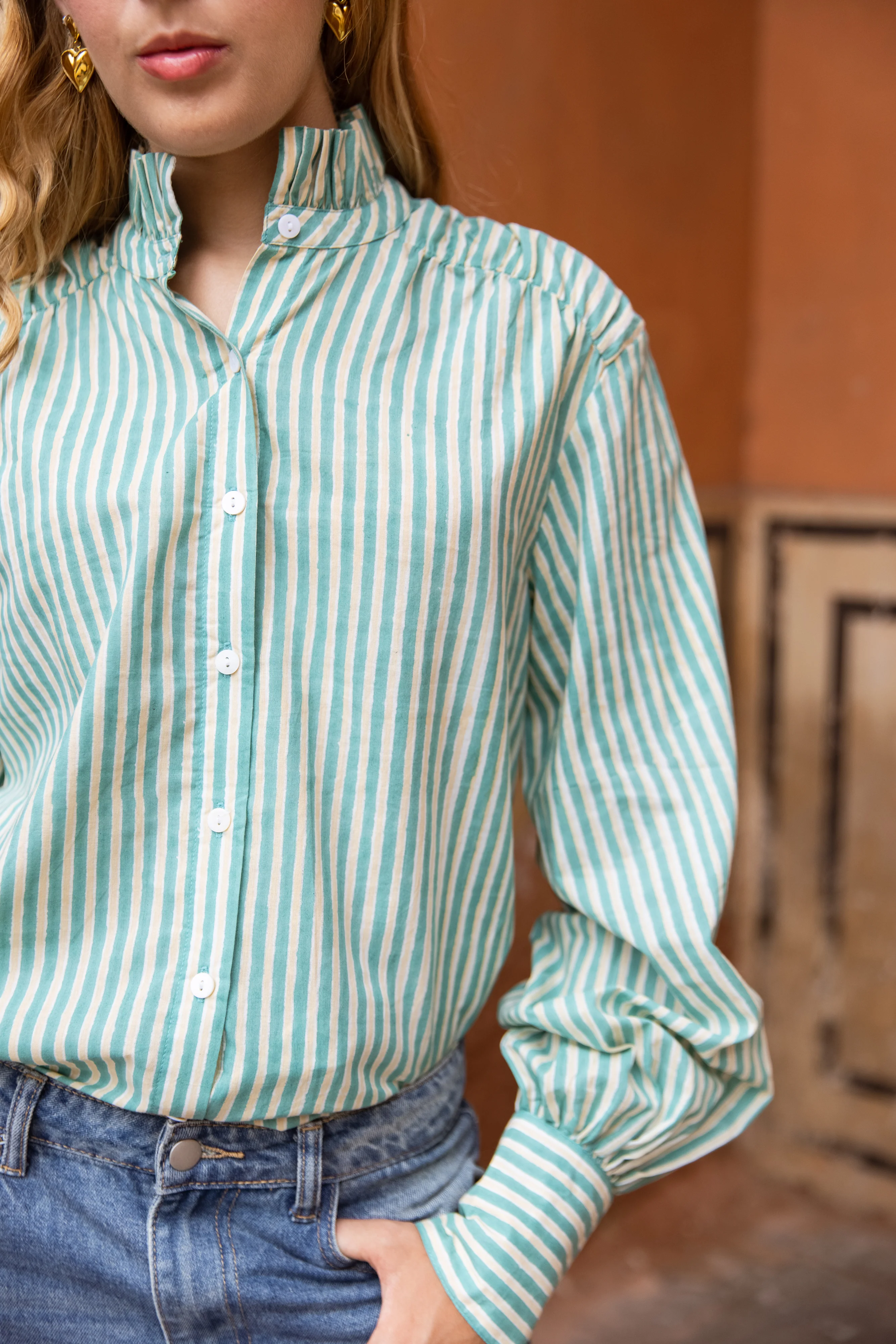 Green & Gold Stripe Cotton Blouse with Frill Neckline - Happy Cabbage London