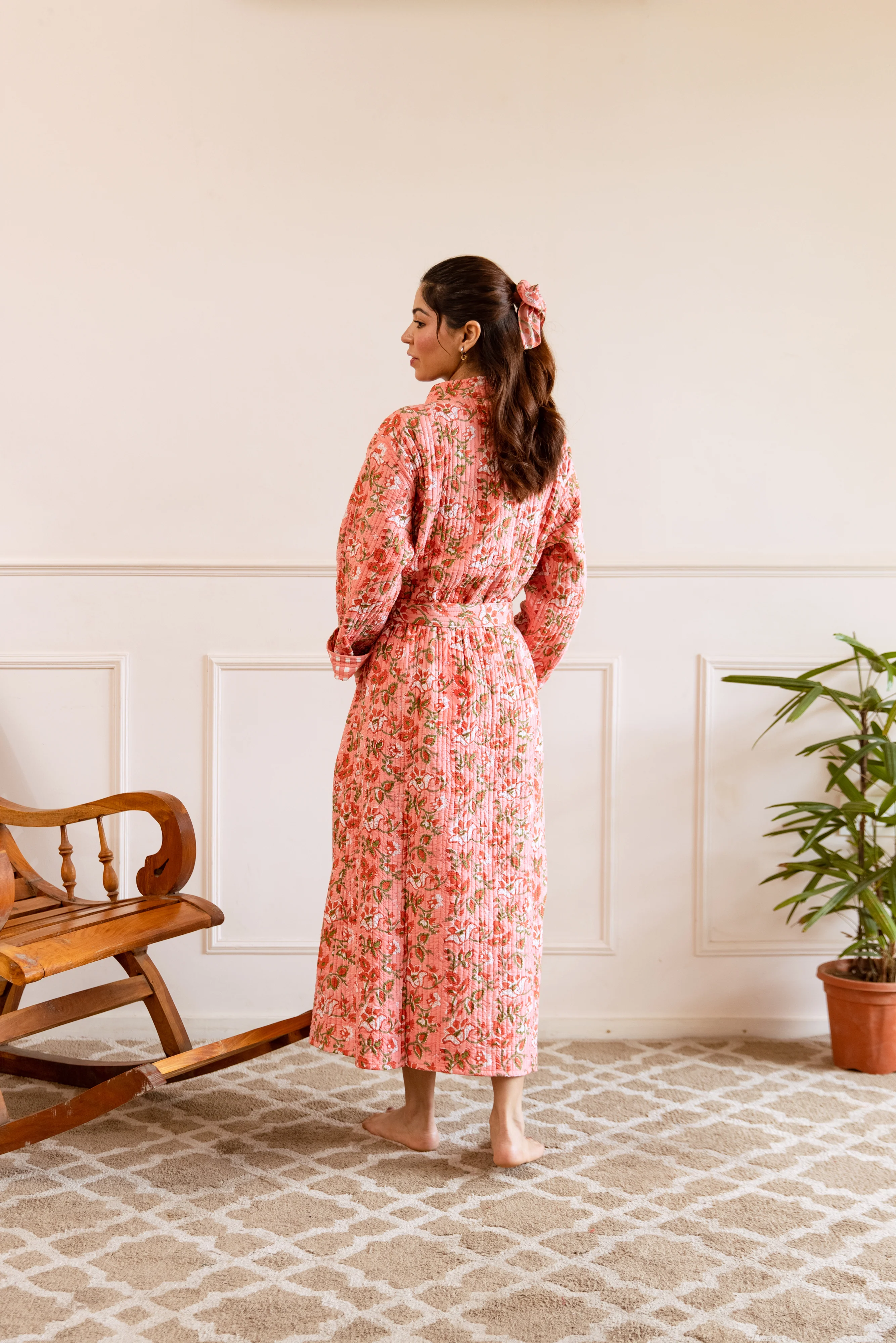 Luxury Quilted Hand Block Print Robe - Coral Garden - Happy Cabbage London