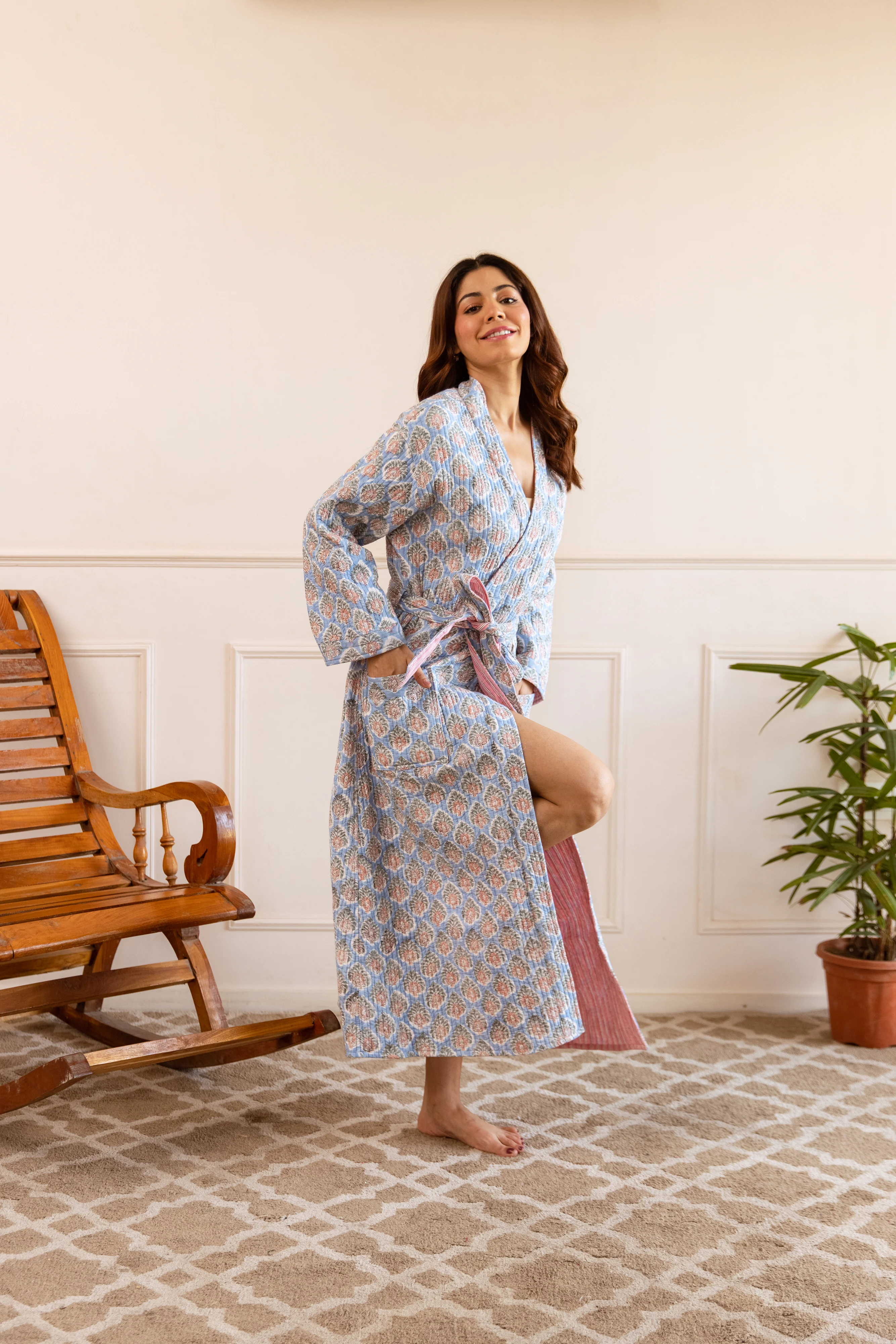 Luxury Quilted Hand Block Print Robe - Azure Bloom - Happy Cabbage London