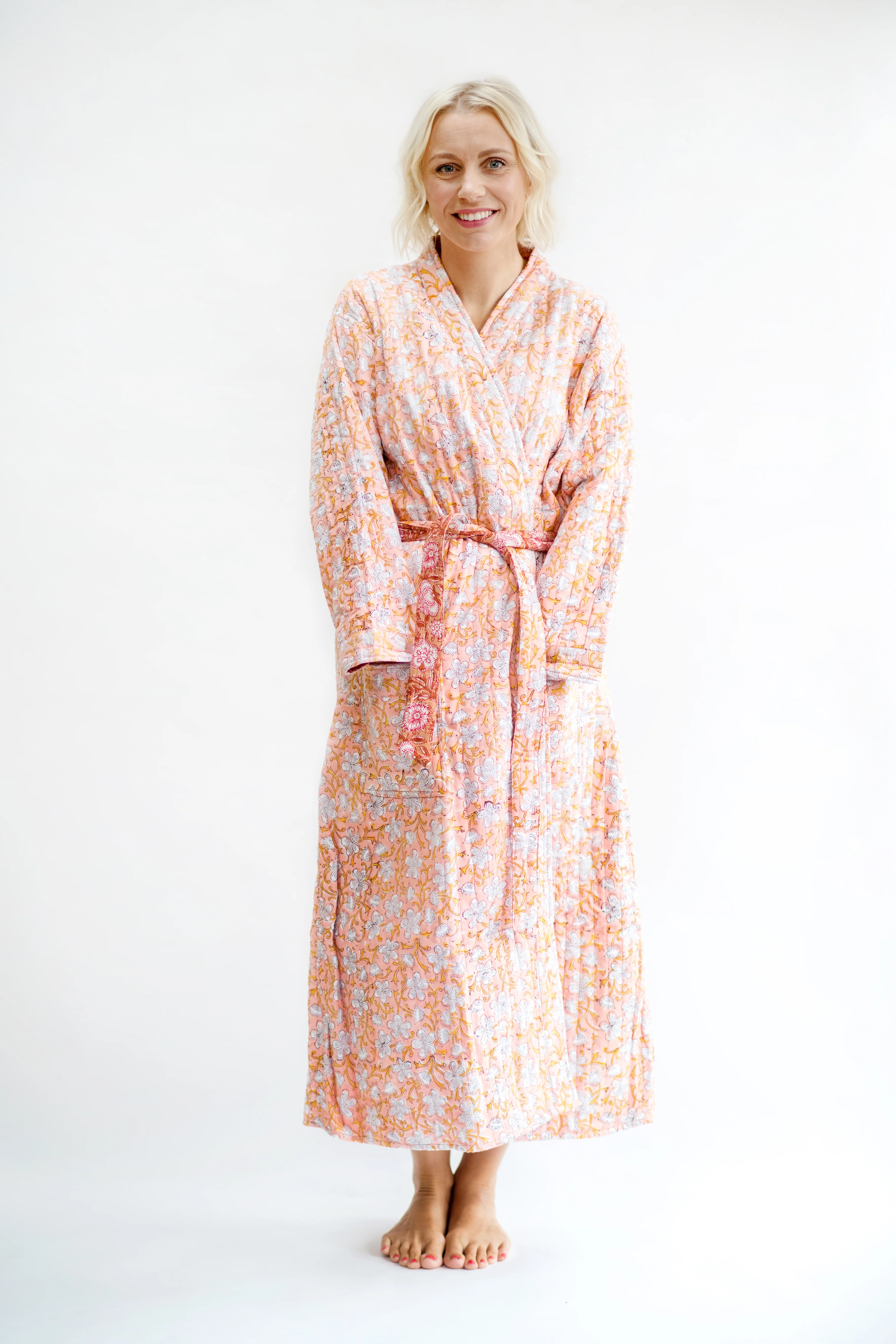 Luxury Quilted Hand Block Print Robe - Coral & White Floral Print - Happy Cabbage London