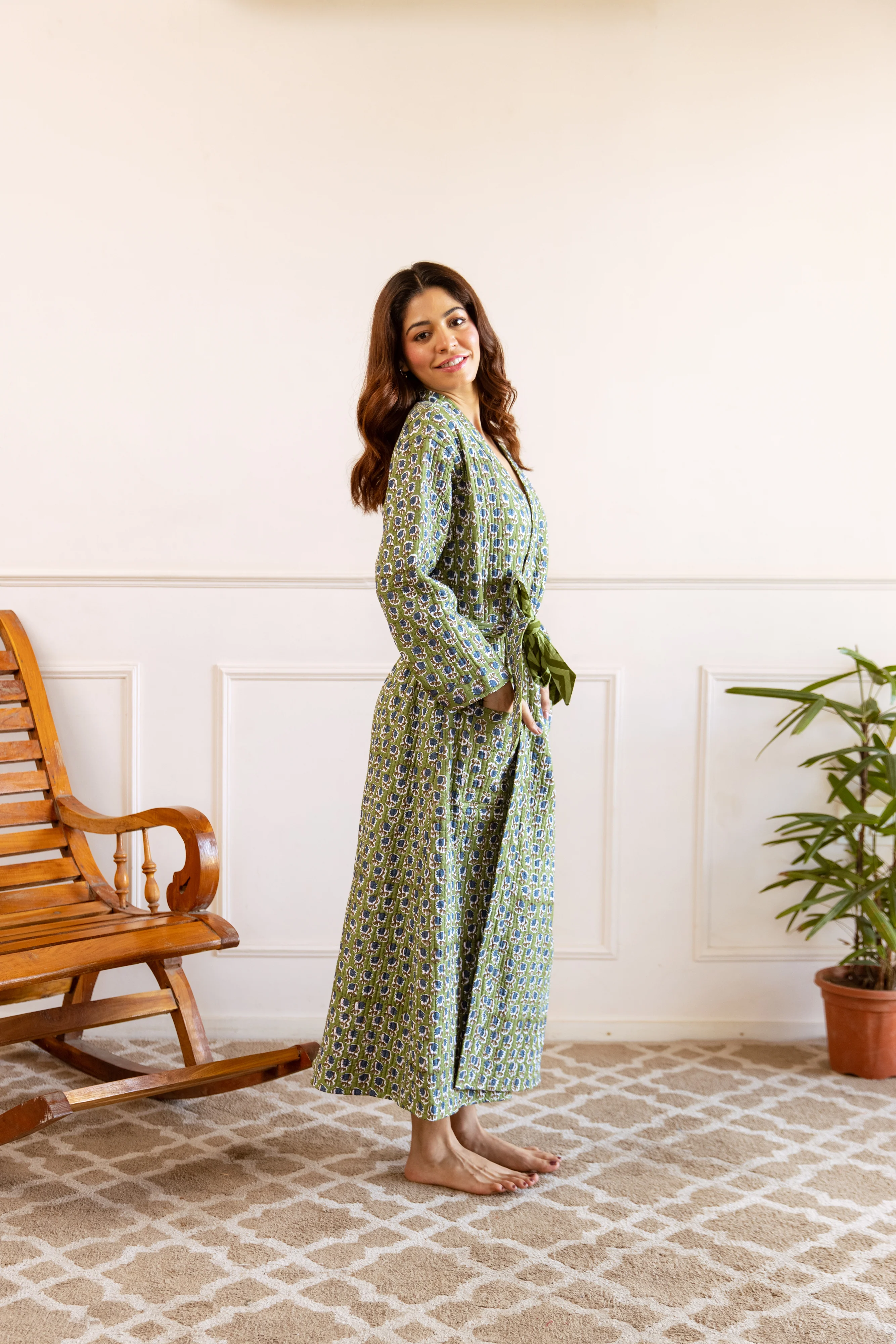 Luxury Quilted Hand Block Print Robe - Olive & Indigo Garden - Happy Cabbage London