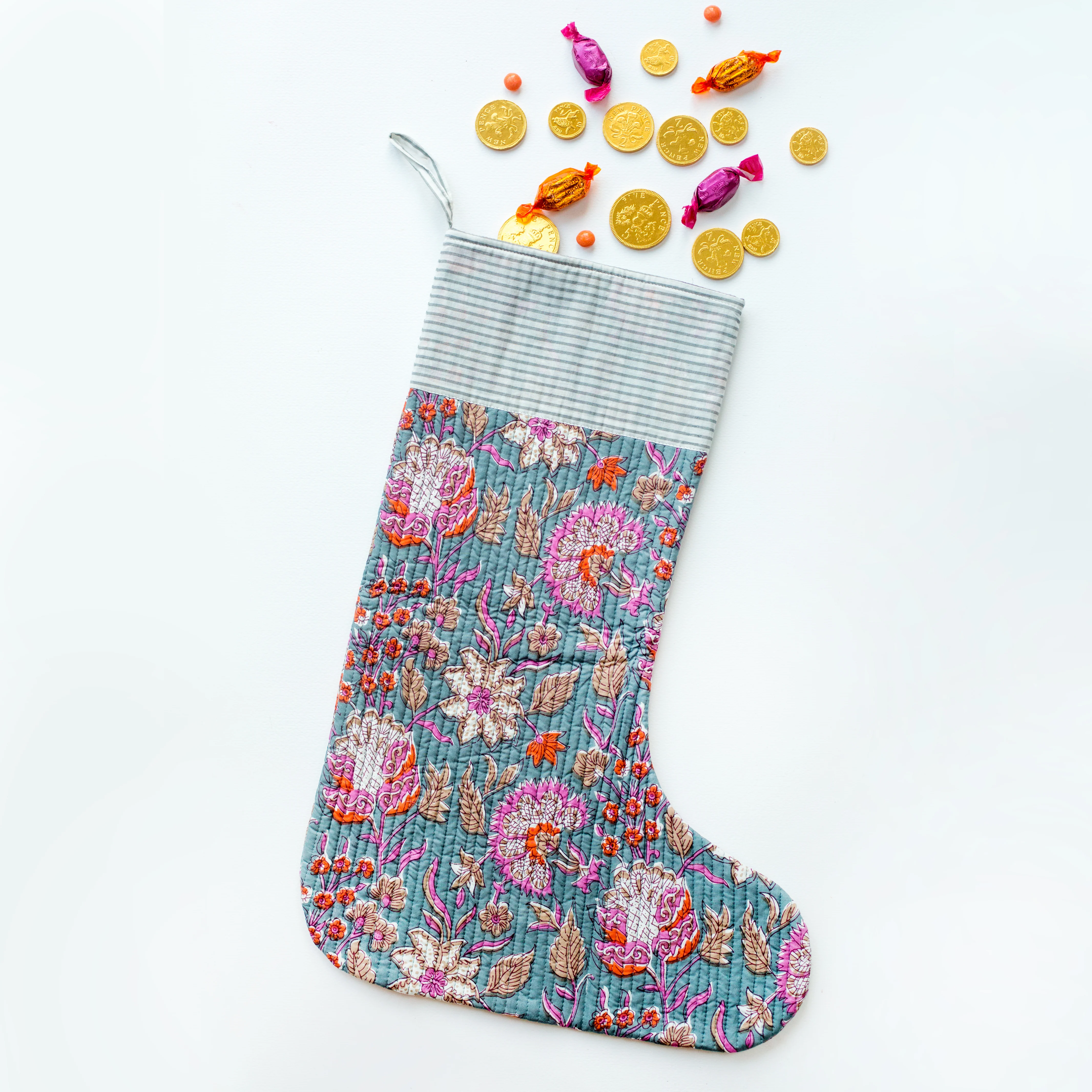 Luxury Quilted Christmas Stocking - Grey & Pink - Happy Cabbage London