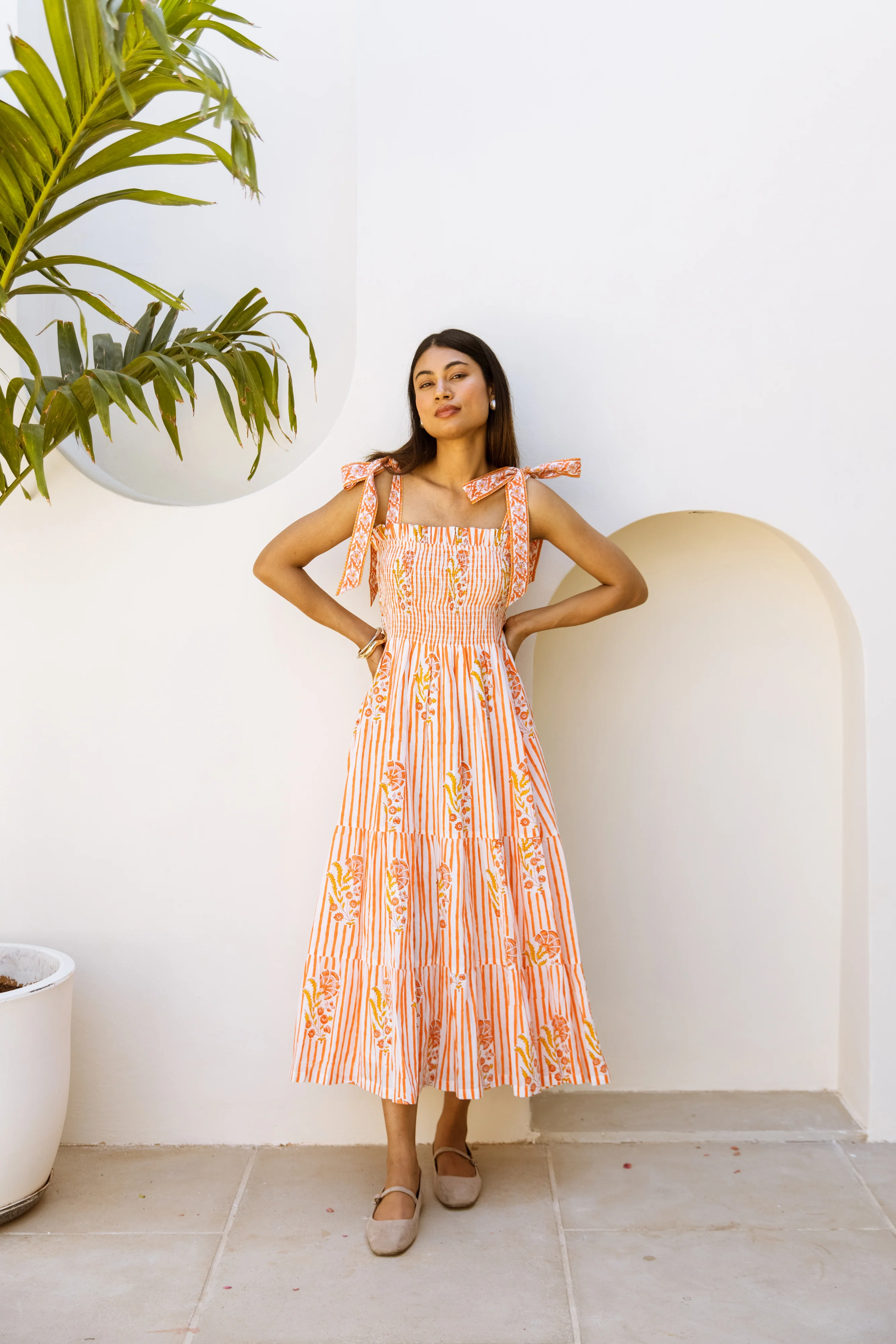 The Flo Sundress - Mughal Stripe in Tangerine - Happy Cabbage London