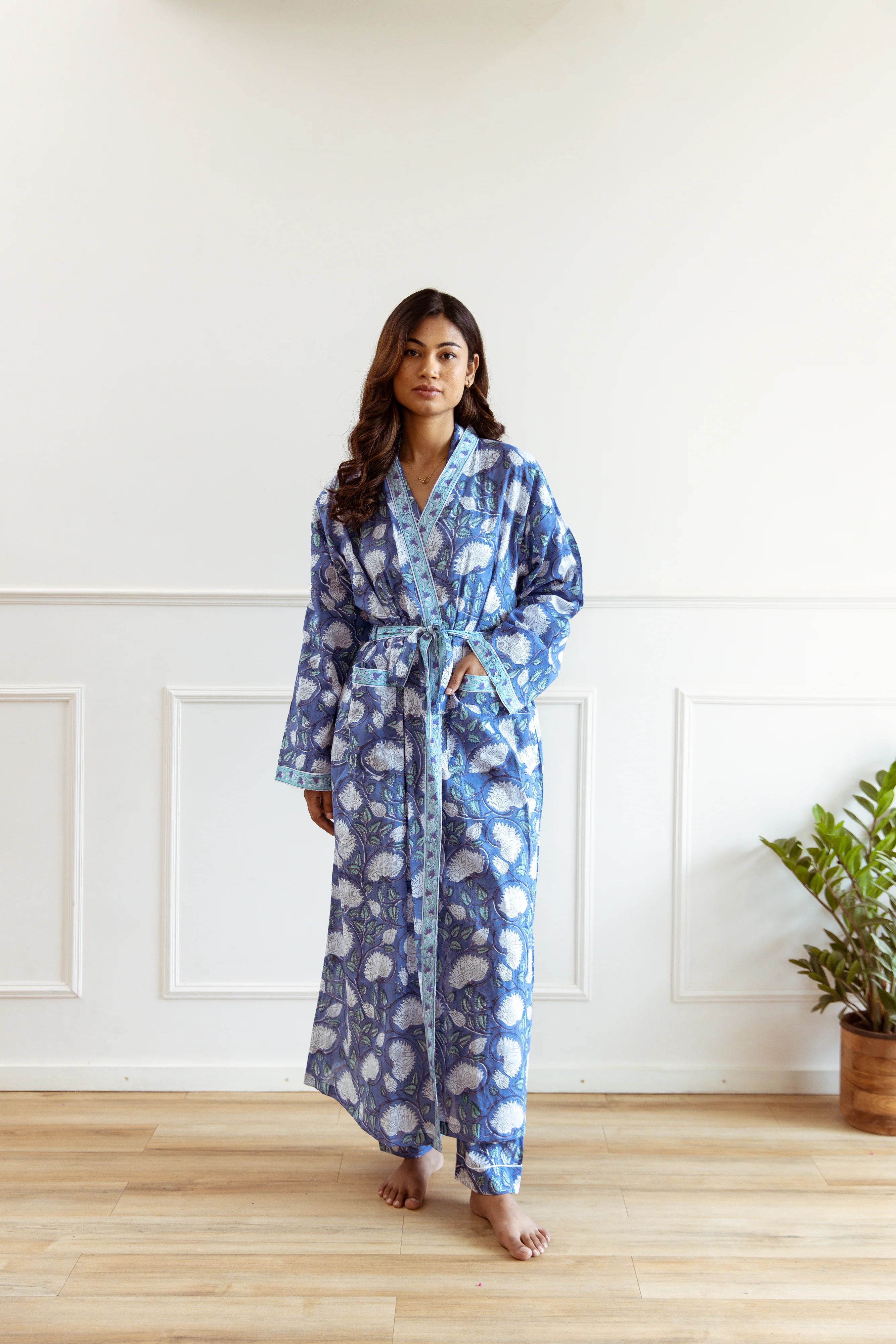 Long Cotton Robe - Cobalt Blue Floral Print - Happy Cabbage London