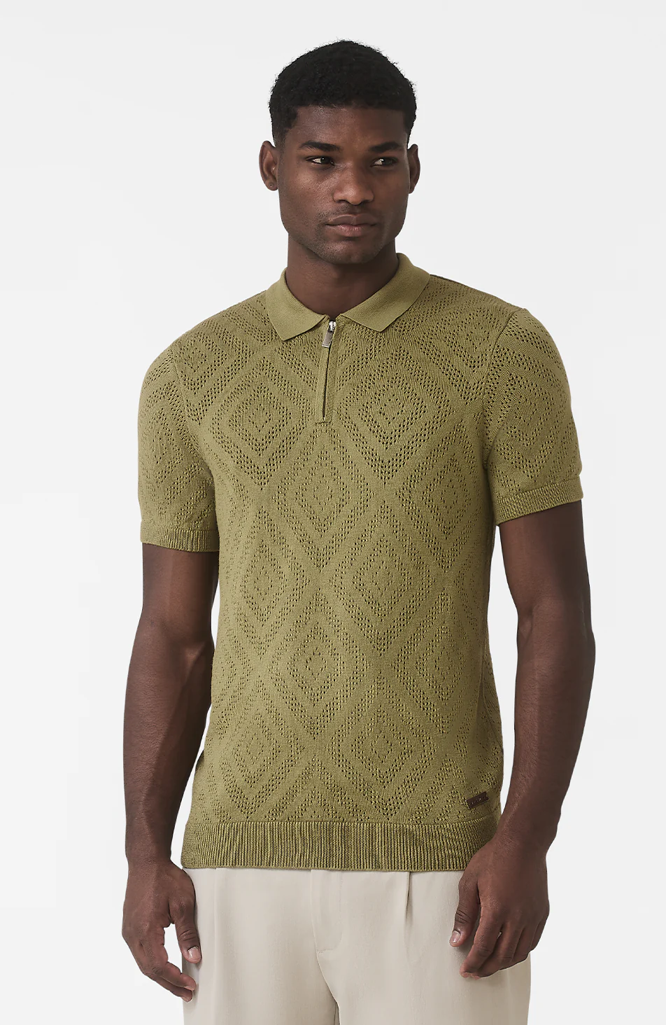 Chalbi Slim Fit Knit Pointelle Zip Polo in Green - Happy Cabbage London