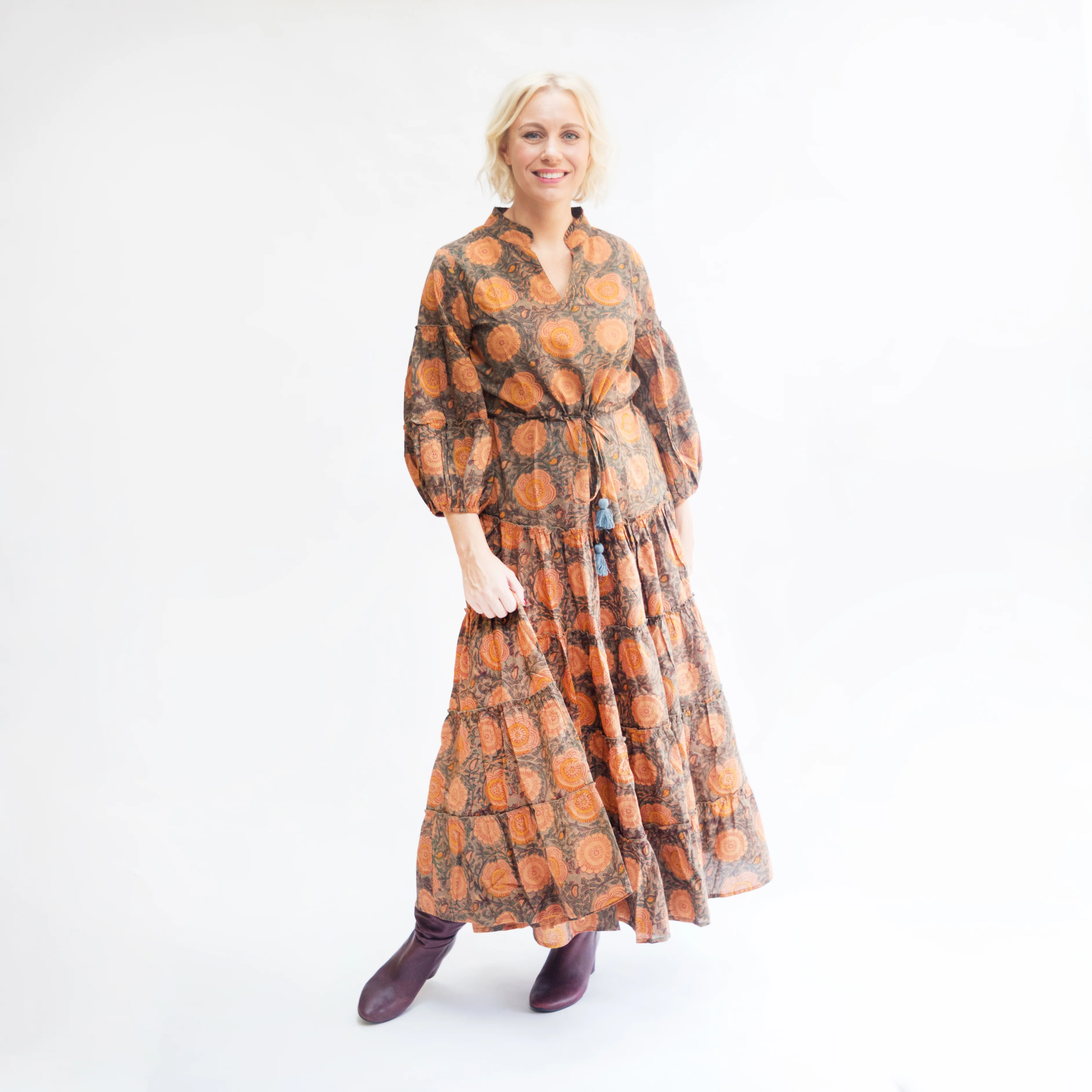 SALE Suri Cotton Block Print Dress - Grey & Coral - Happy Cabbage London