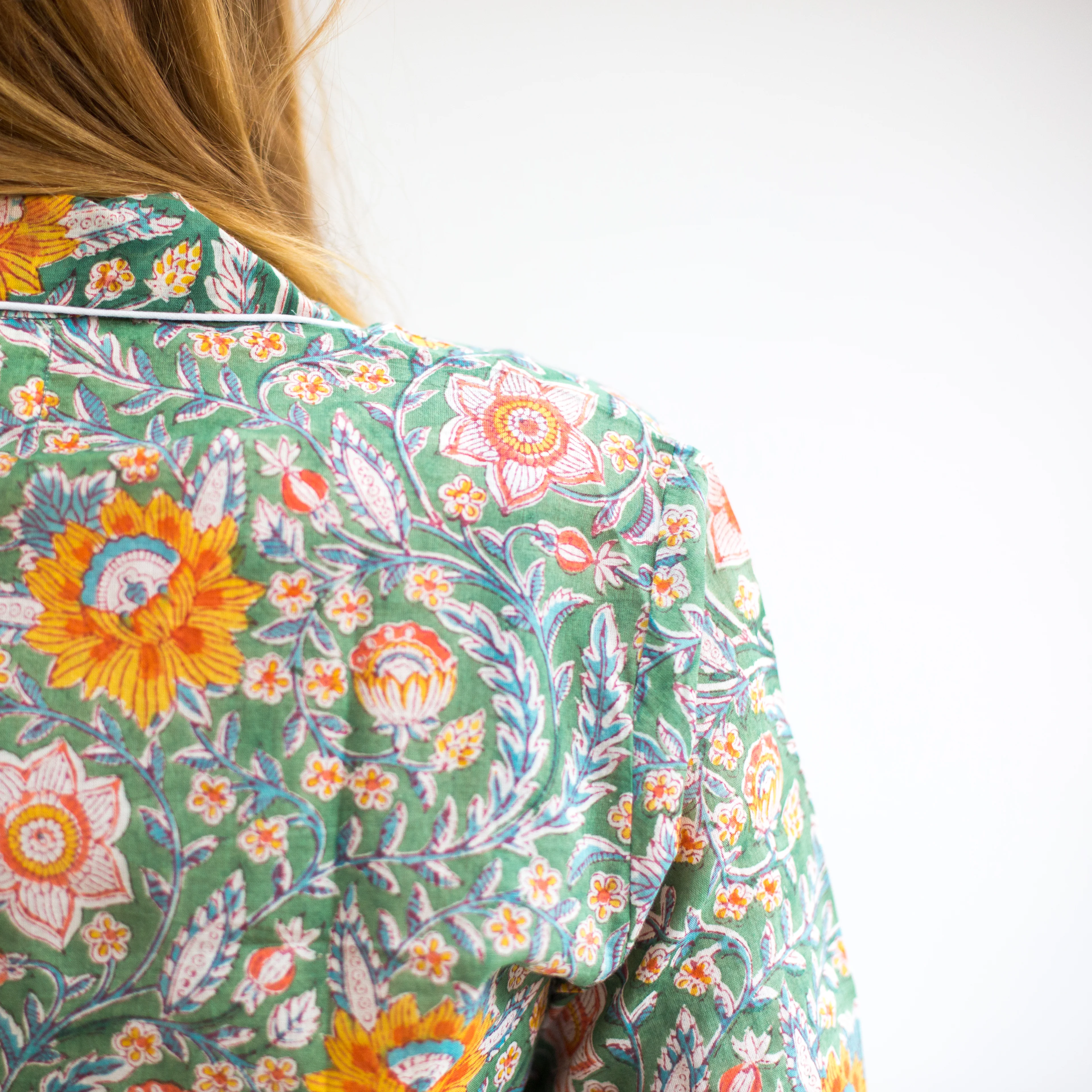 Long PJ Set in Green & Ginger Floral Block Print Design - Happy Cabbage London