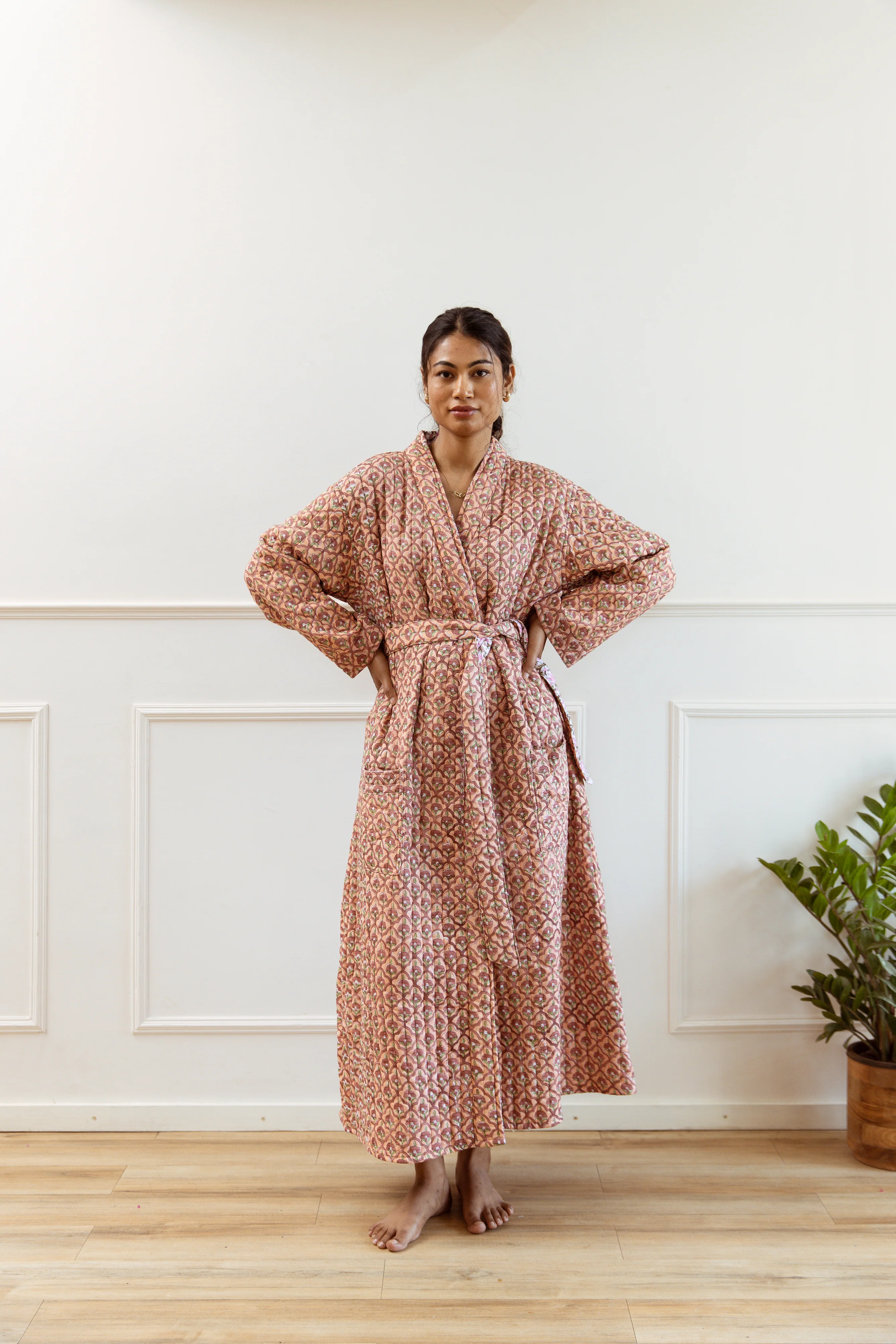 Luxury Quilted Hand Block Print Robe - Pastel Pink Floral Print - Happy Cabbage London