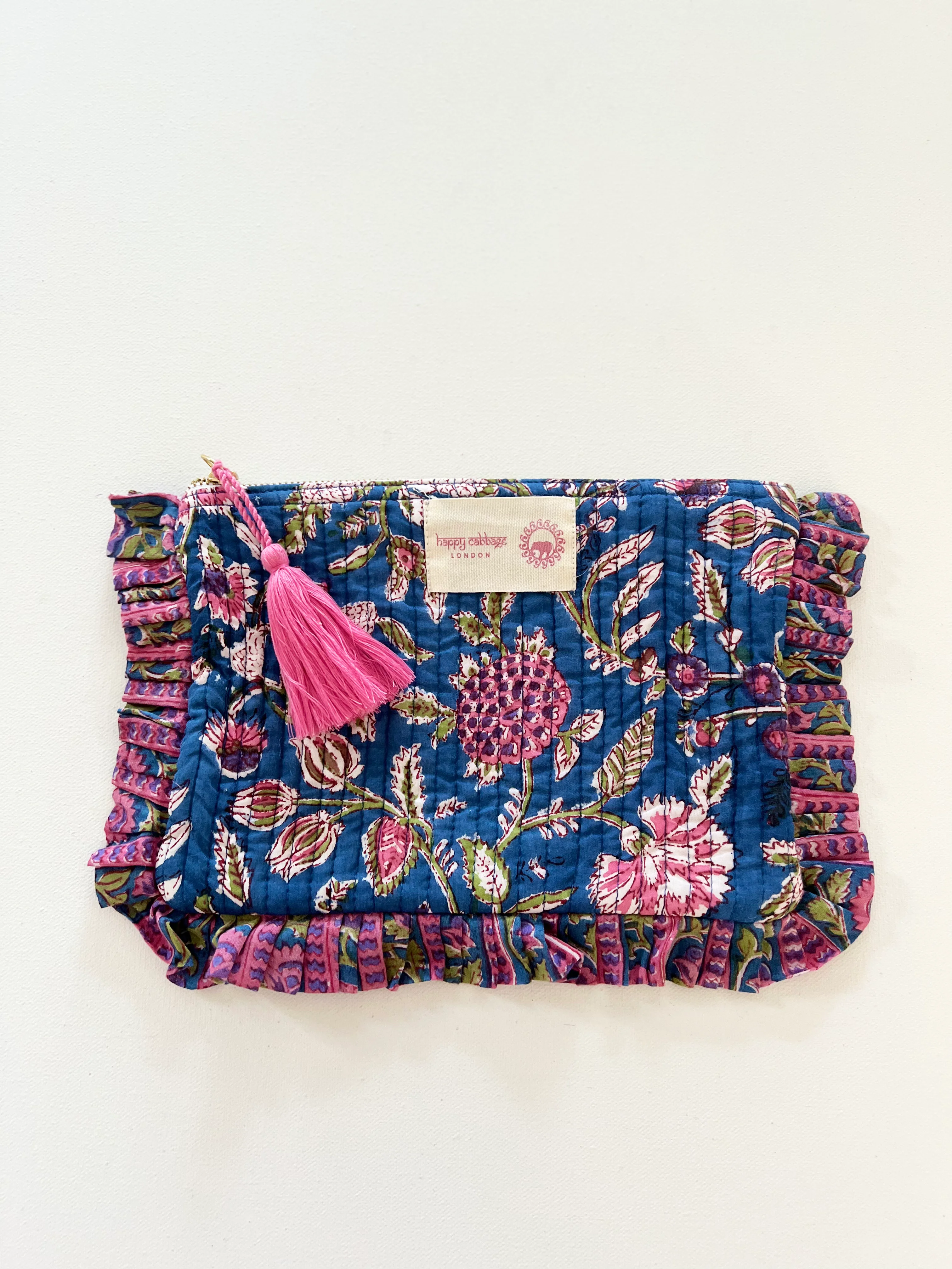 Block Printed Cotton Pouch - Blue & Pink - Happy Cabbage London