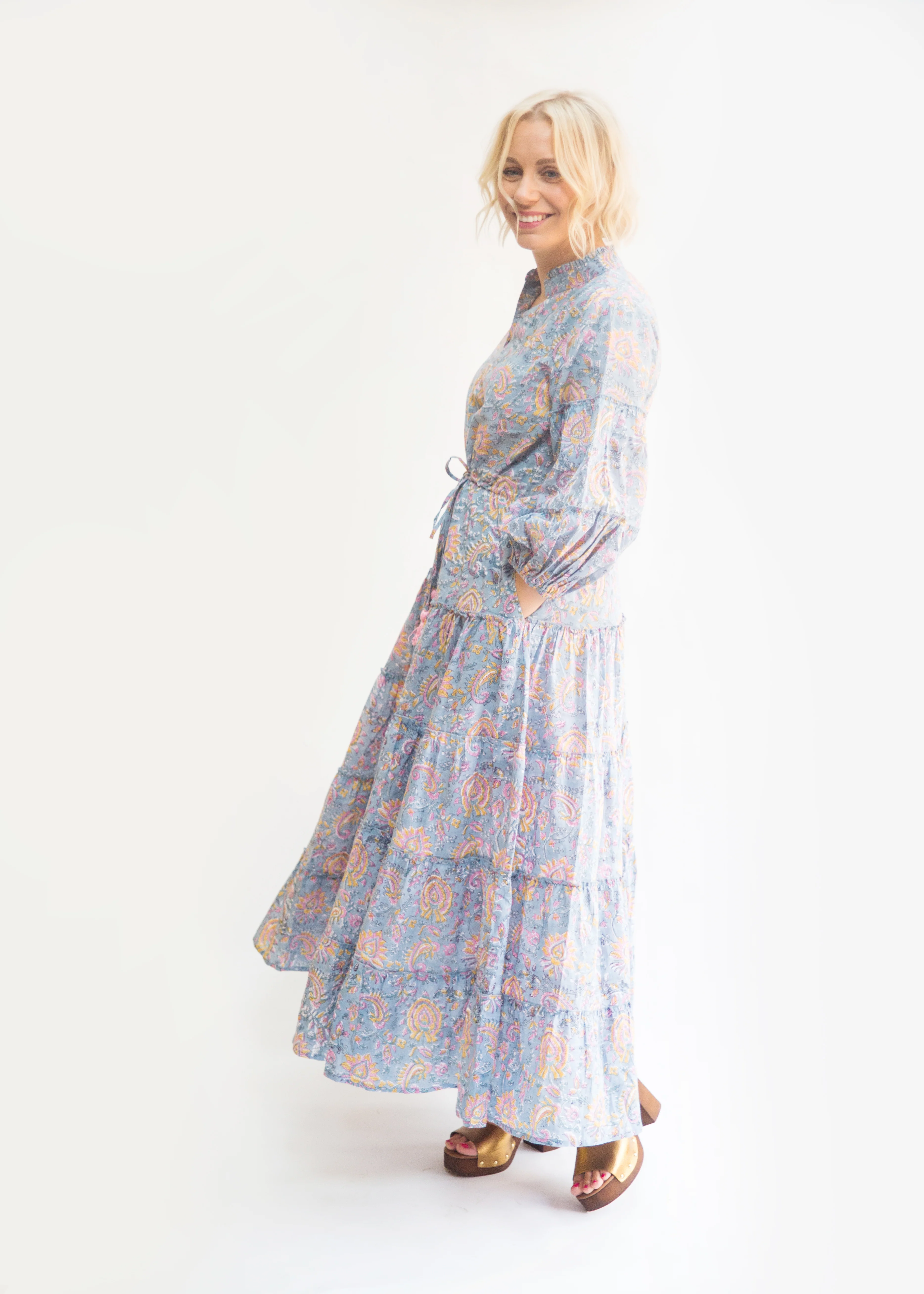 SALE Suri Cotton Block Print Dress - Soft Grey - Happy Cabbage London