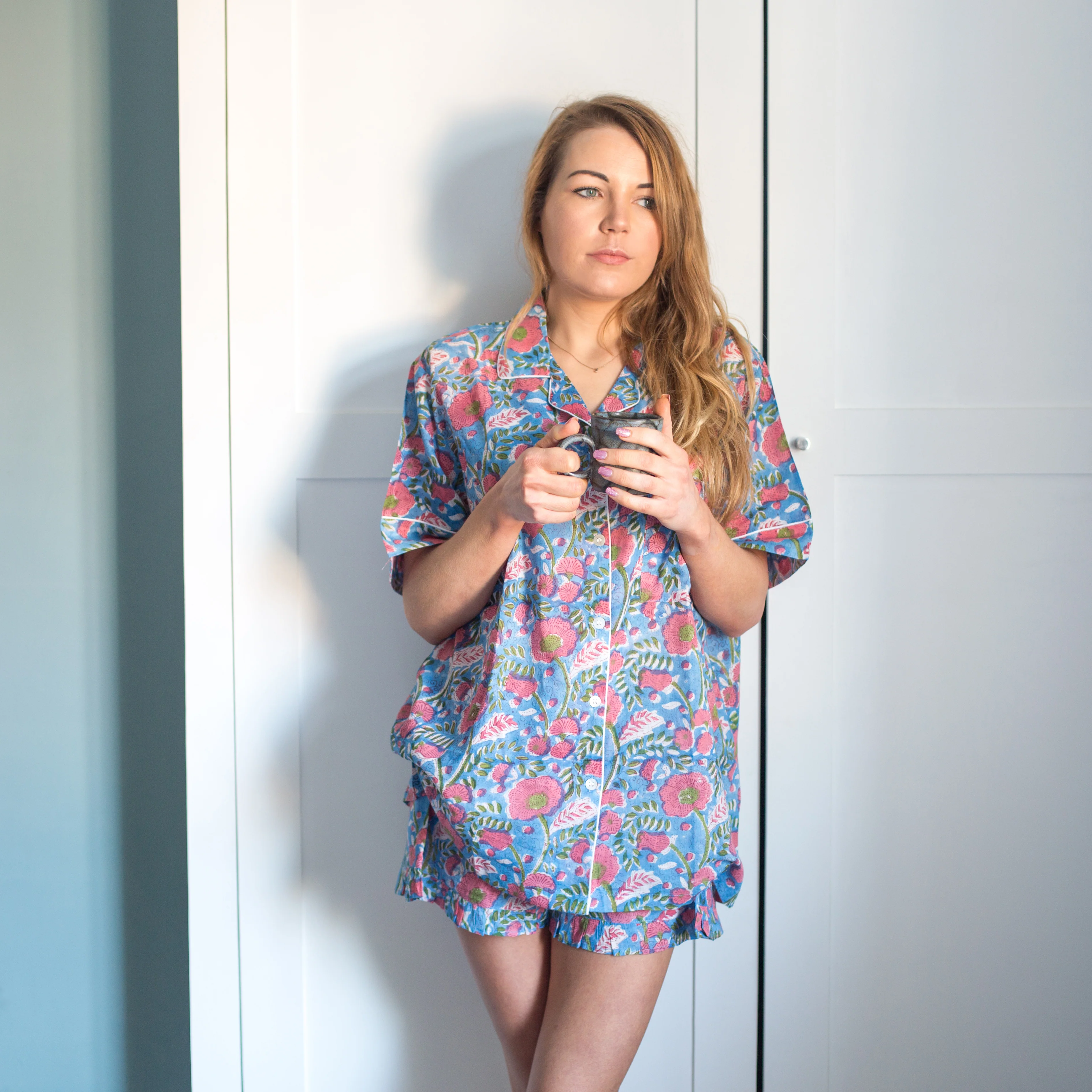 Short PJ Set - Blue & Pink Poppy Print - Happy Cabbage London